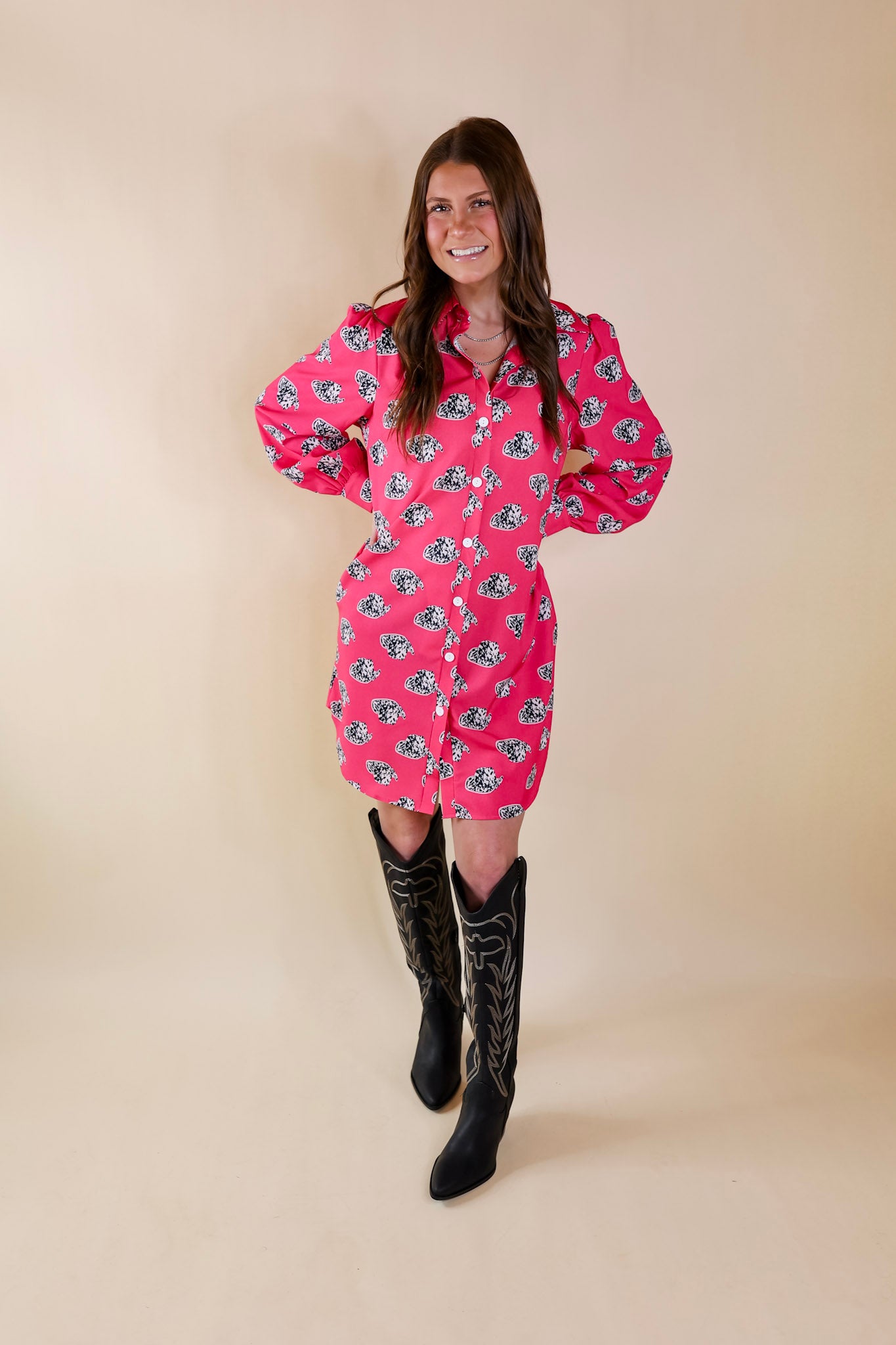 The Cowgirl Way Button Up Cow Print Cowboy Hat Dress in Hot Pink - Giddy Up Glamour Boutique