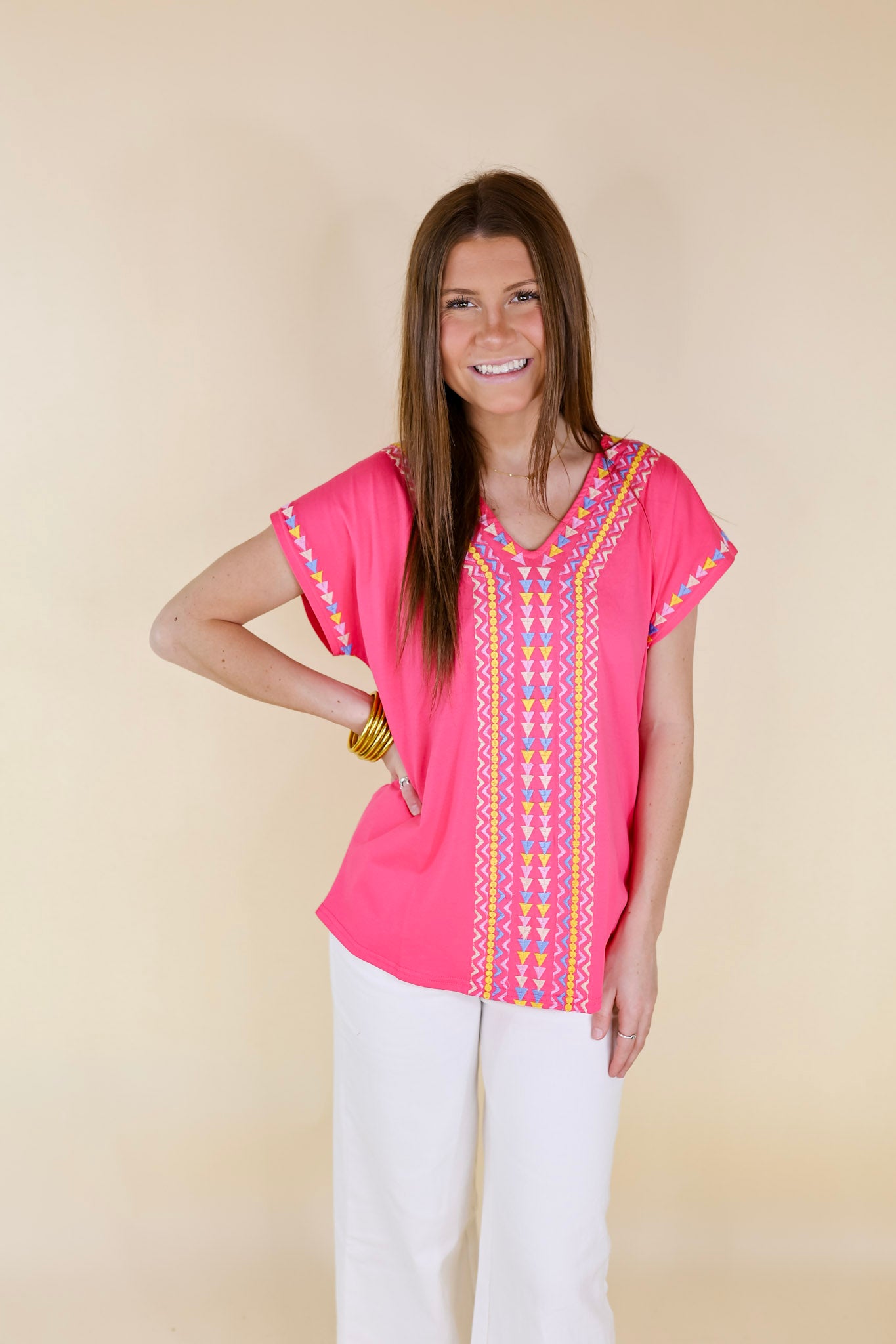 Paradise Found Embroidered Short Sleeve Top with V Neckline in Pink - Giddy Up Glamour Boutique
