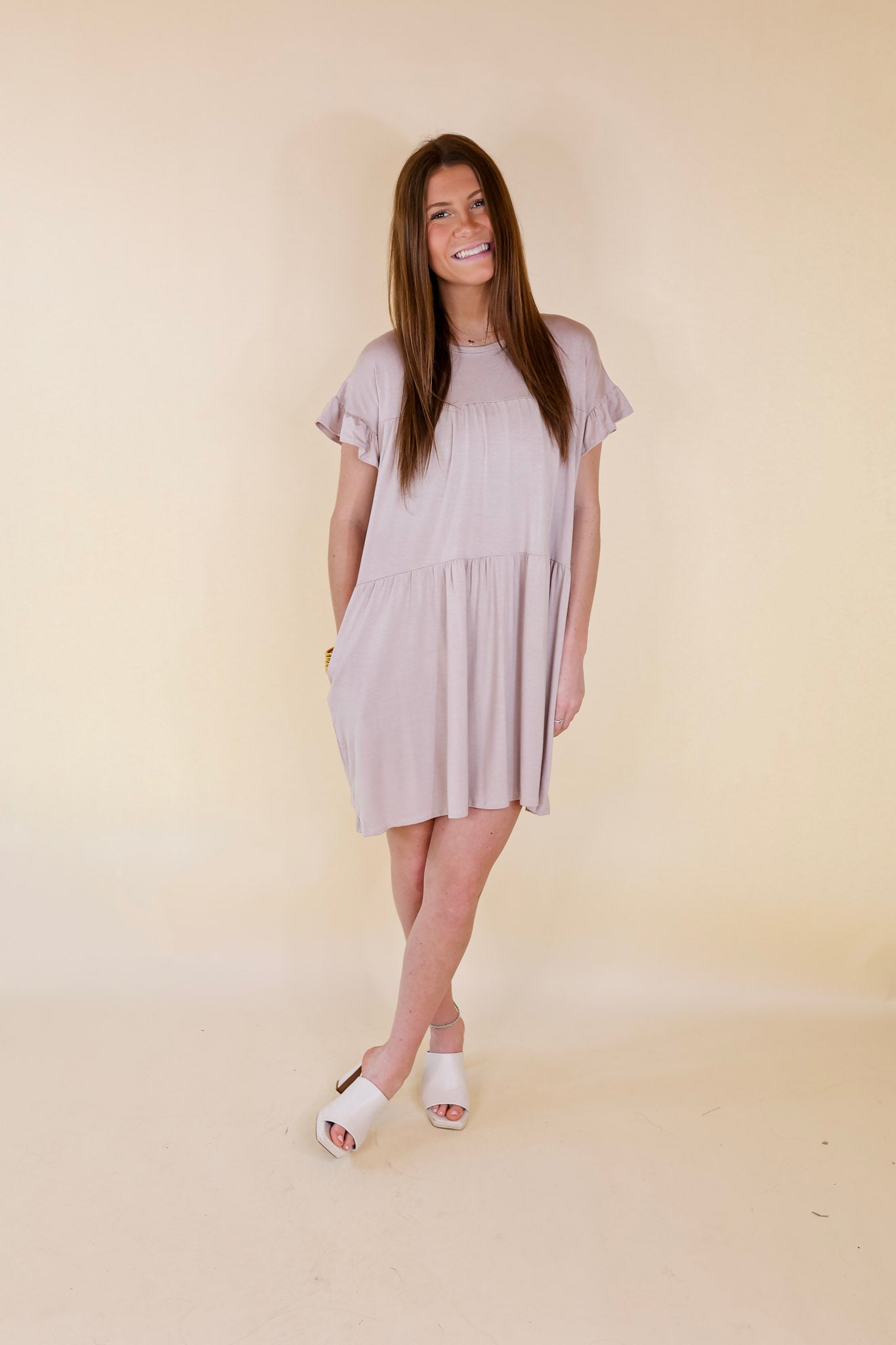 Gorgeous Girly Ruffle Sleeve Tiered Dress in Taupe - Giddy Up Glamour Boutique