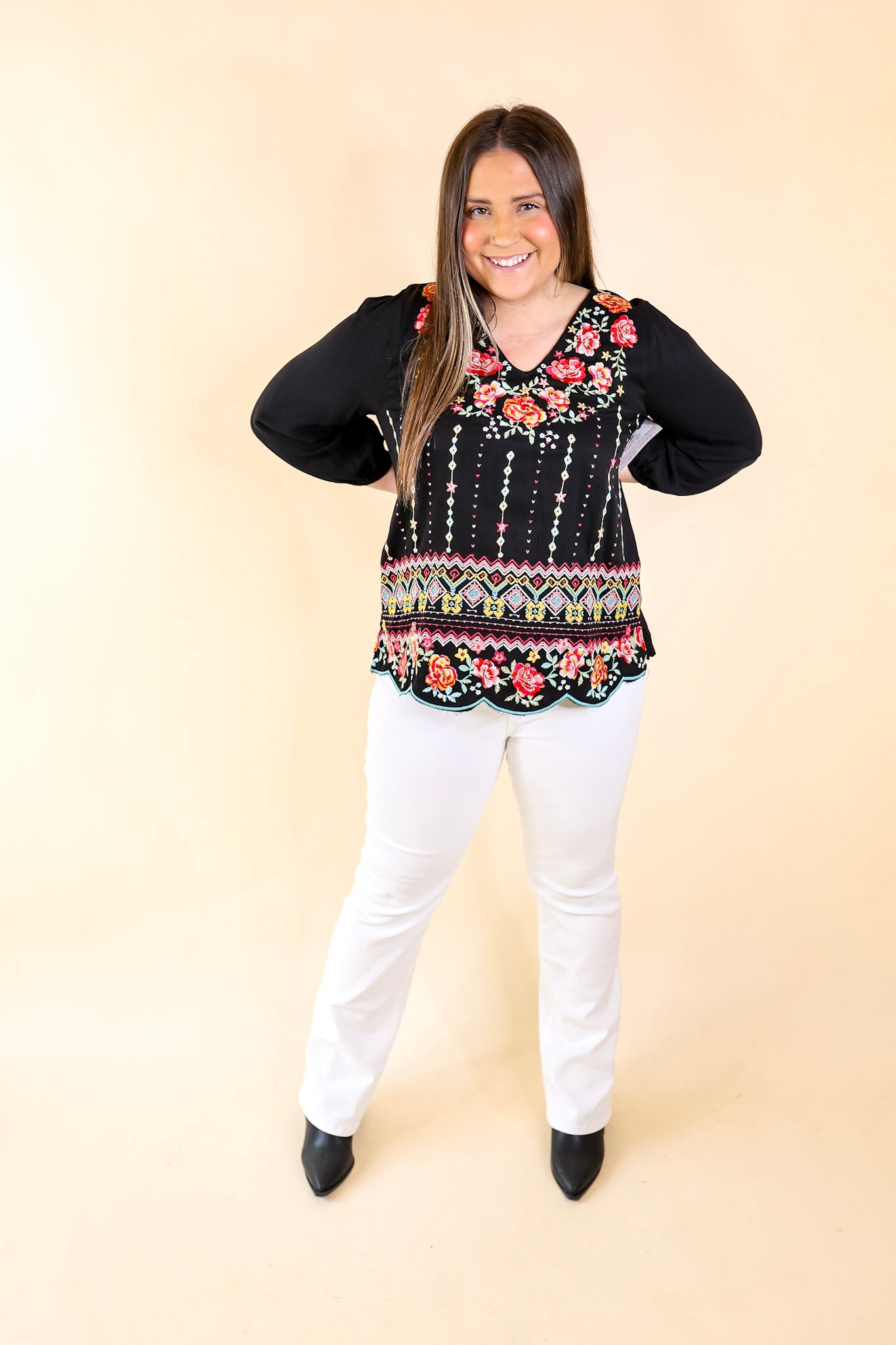 Early Bird Embroidered Front 3/4 Sleeve Top with V Neck in Black - Giddy Up Glamour Boutique