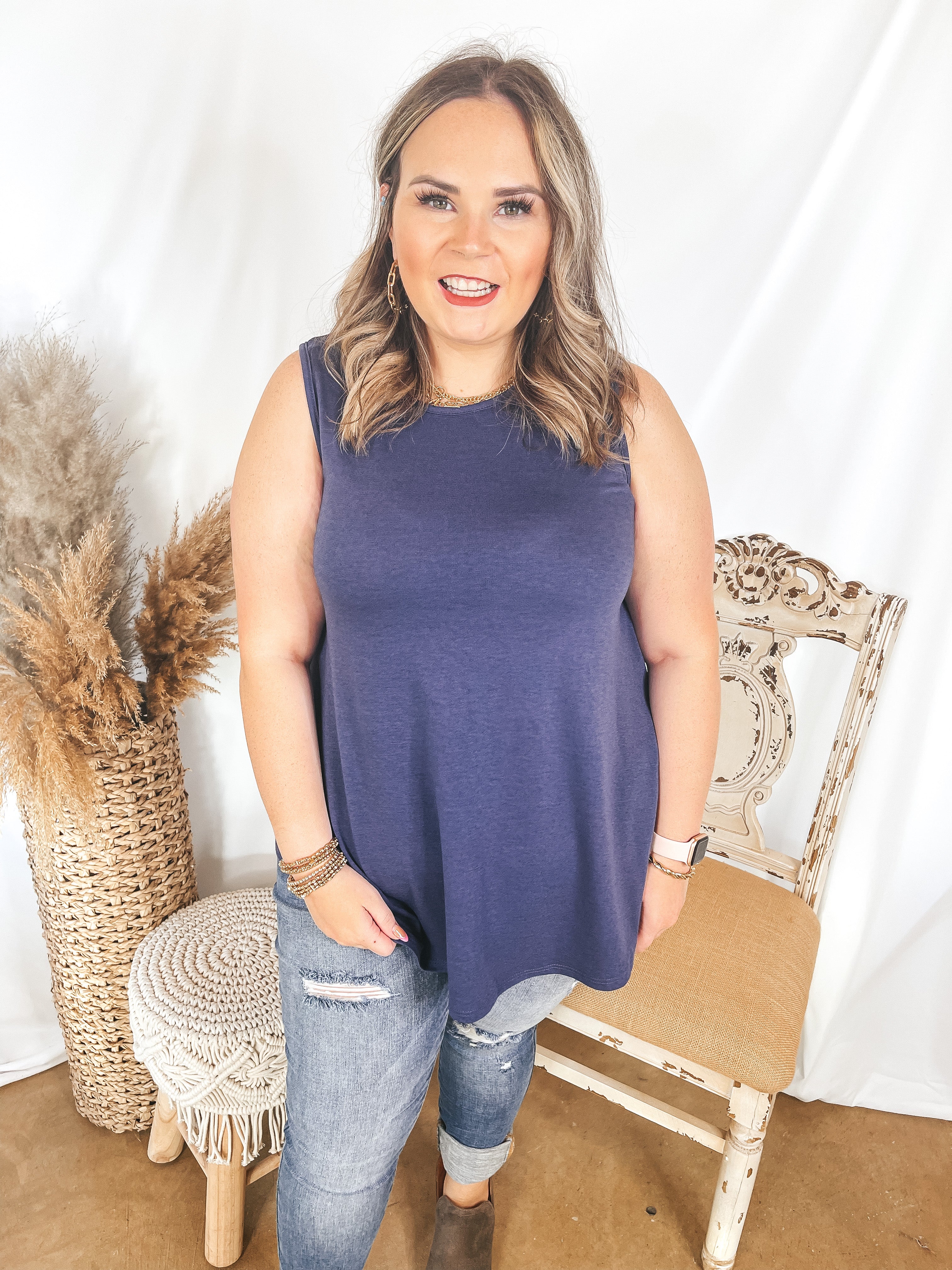 Give Me Joy Solid Knit A-Line Tank Top in Dusty Navy Blue - Giddy Up Glamour Boutique
