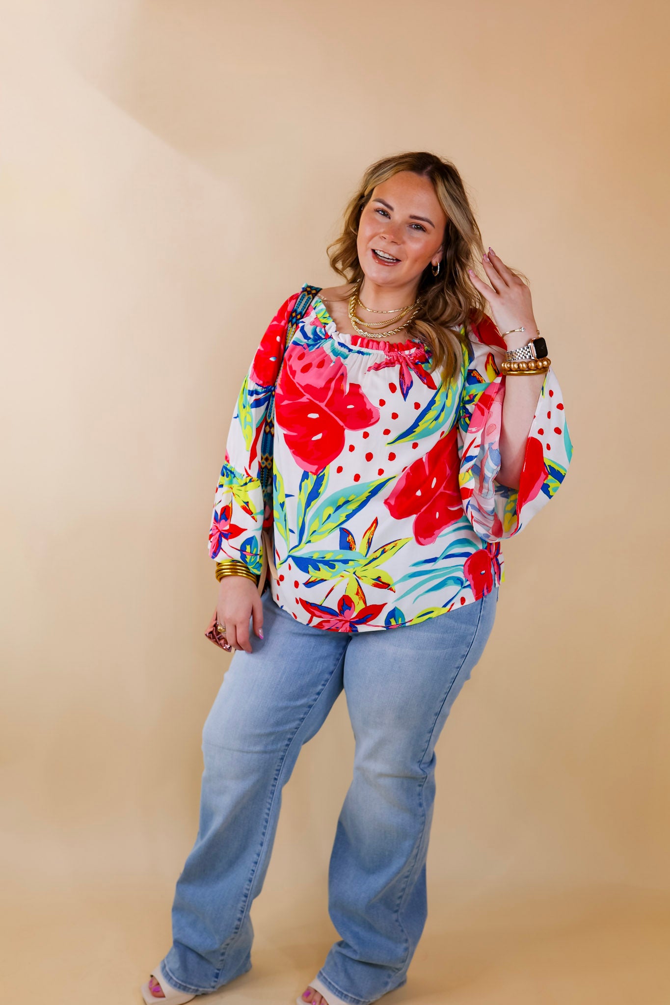 Seas The Day Floral Off The Shoulder Blouse in White - Giddy Up Glamour Boutique