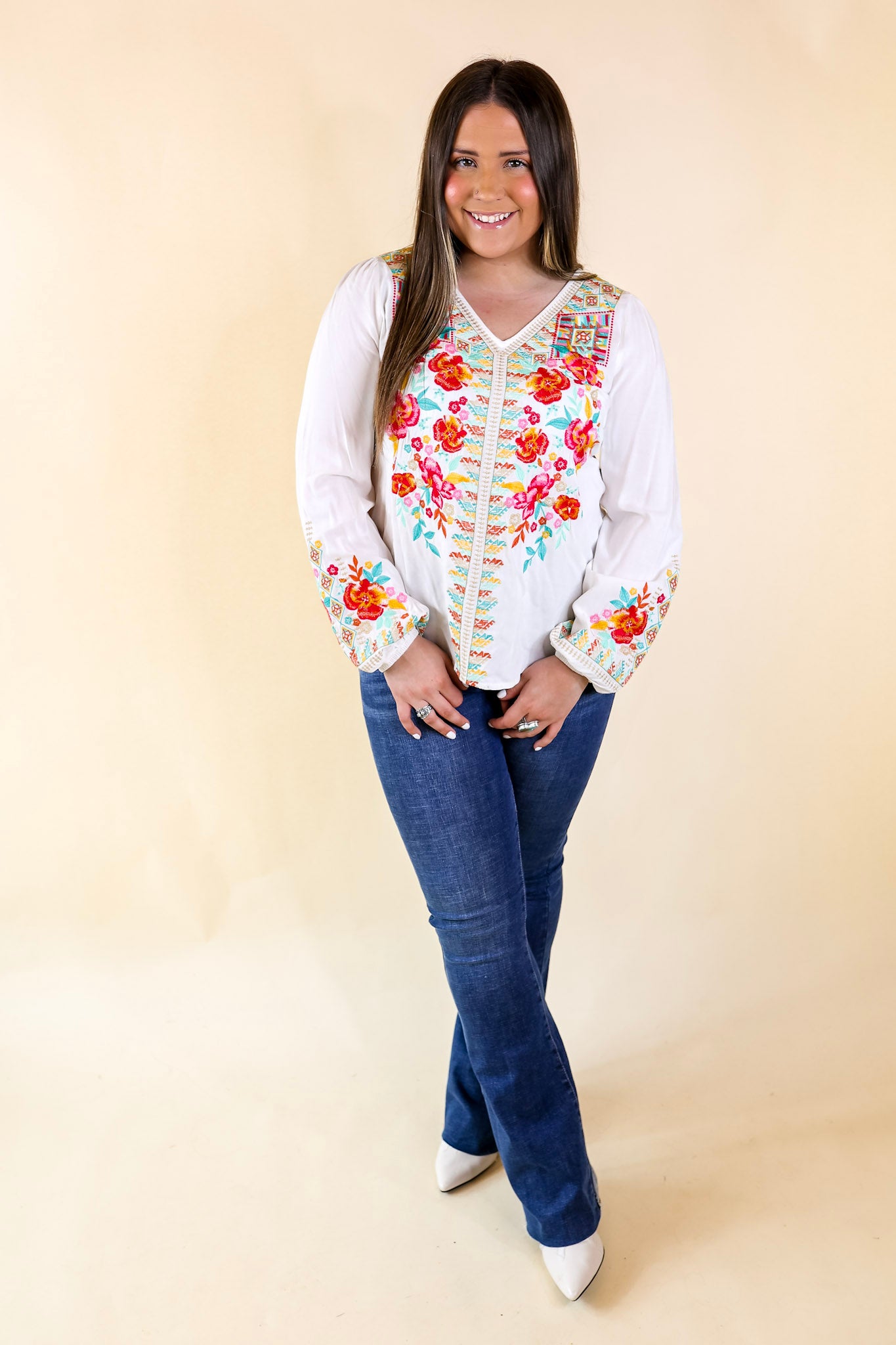 Brunch With Me Long Sleeve Embroidered Top with V Neckline in White - Giddy Up Glamour Boutique