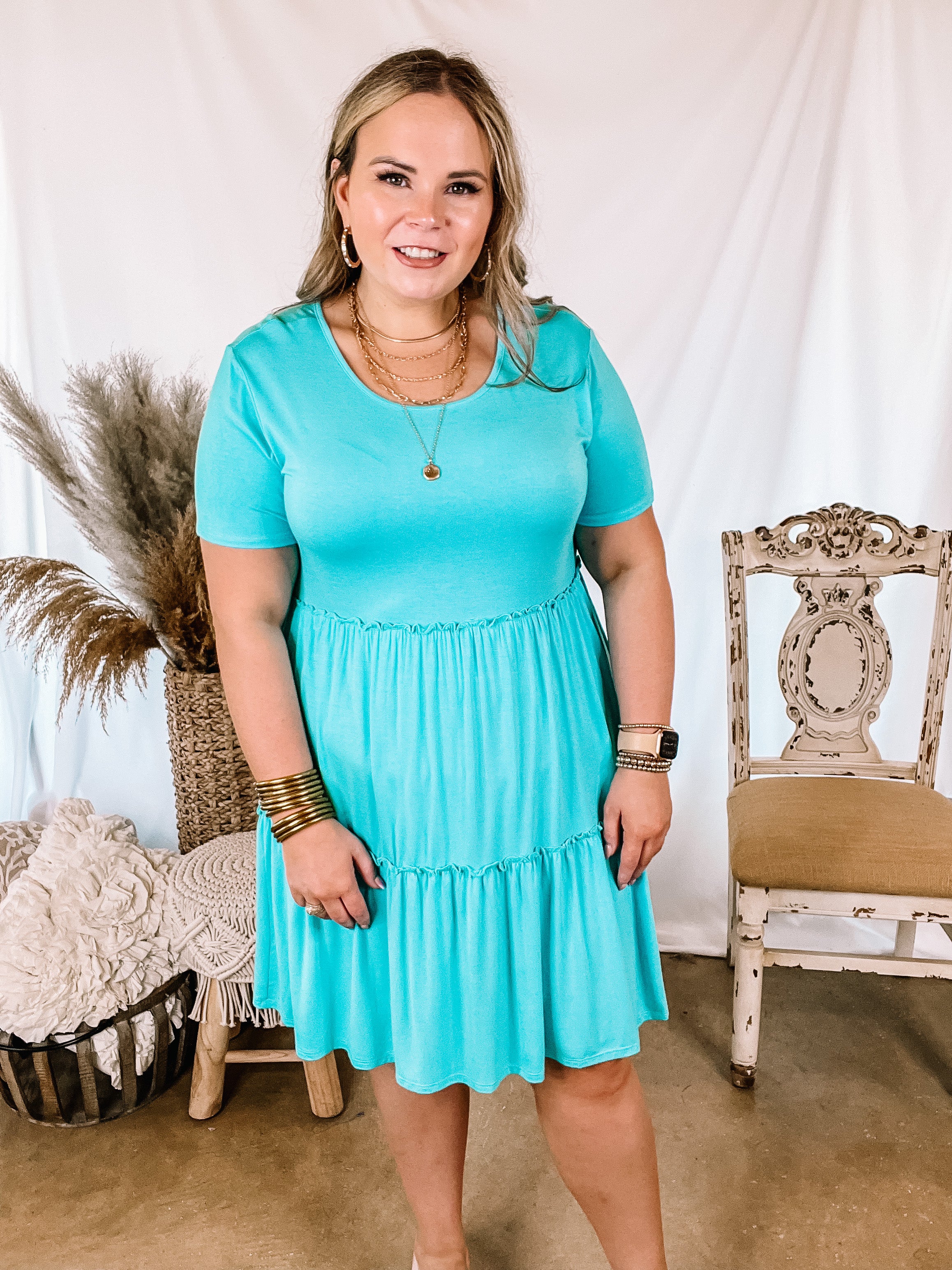 A Night to Remember Ruffle Tiered Short Sleeve Dress in Aqua Blue - Giddy Up Glamour Boutique