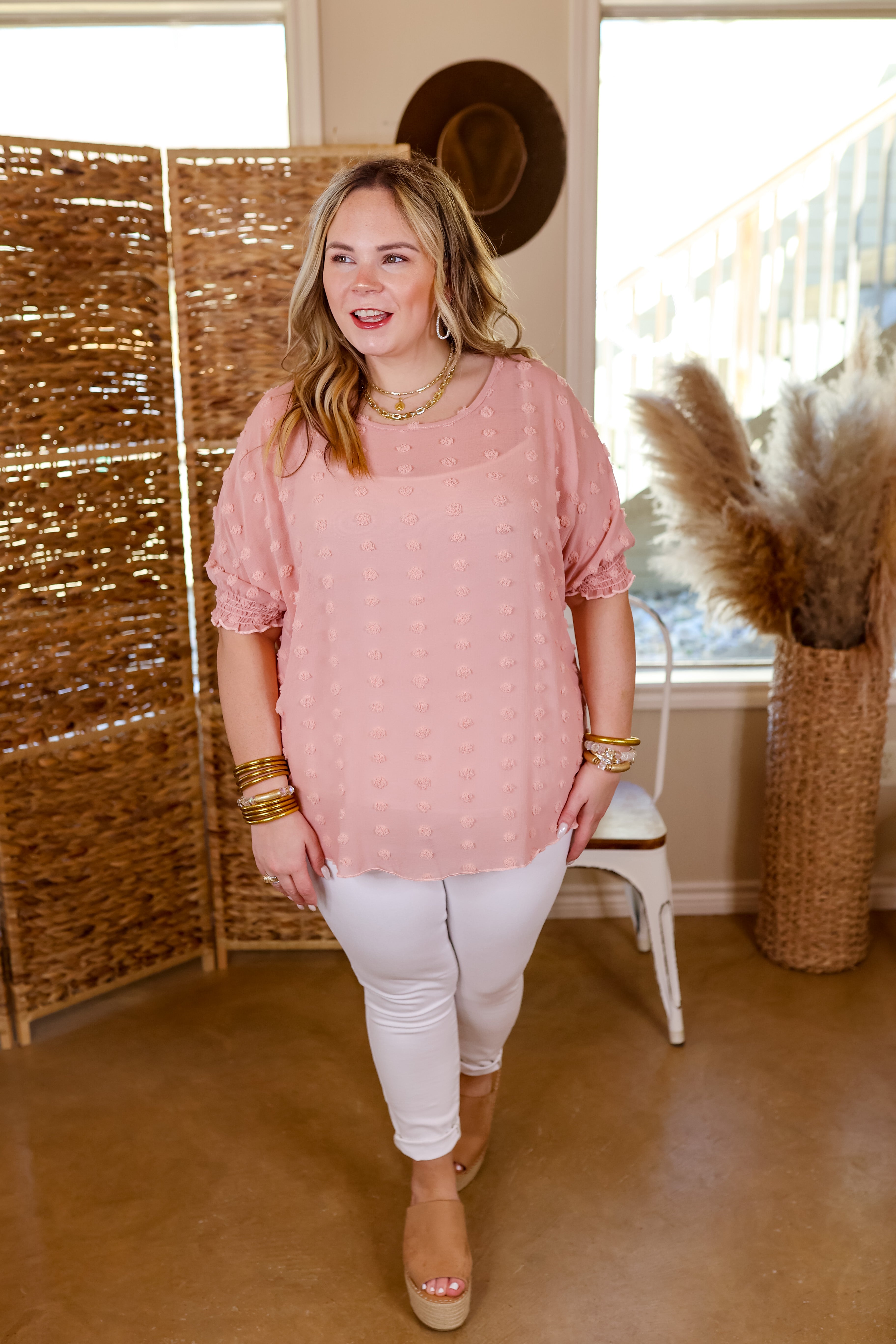 Changemaker Swiss Dot Top with Half Sleeves in Blush Pink - Giddy Up Glamour Boutique