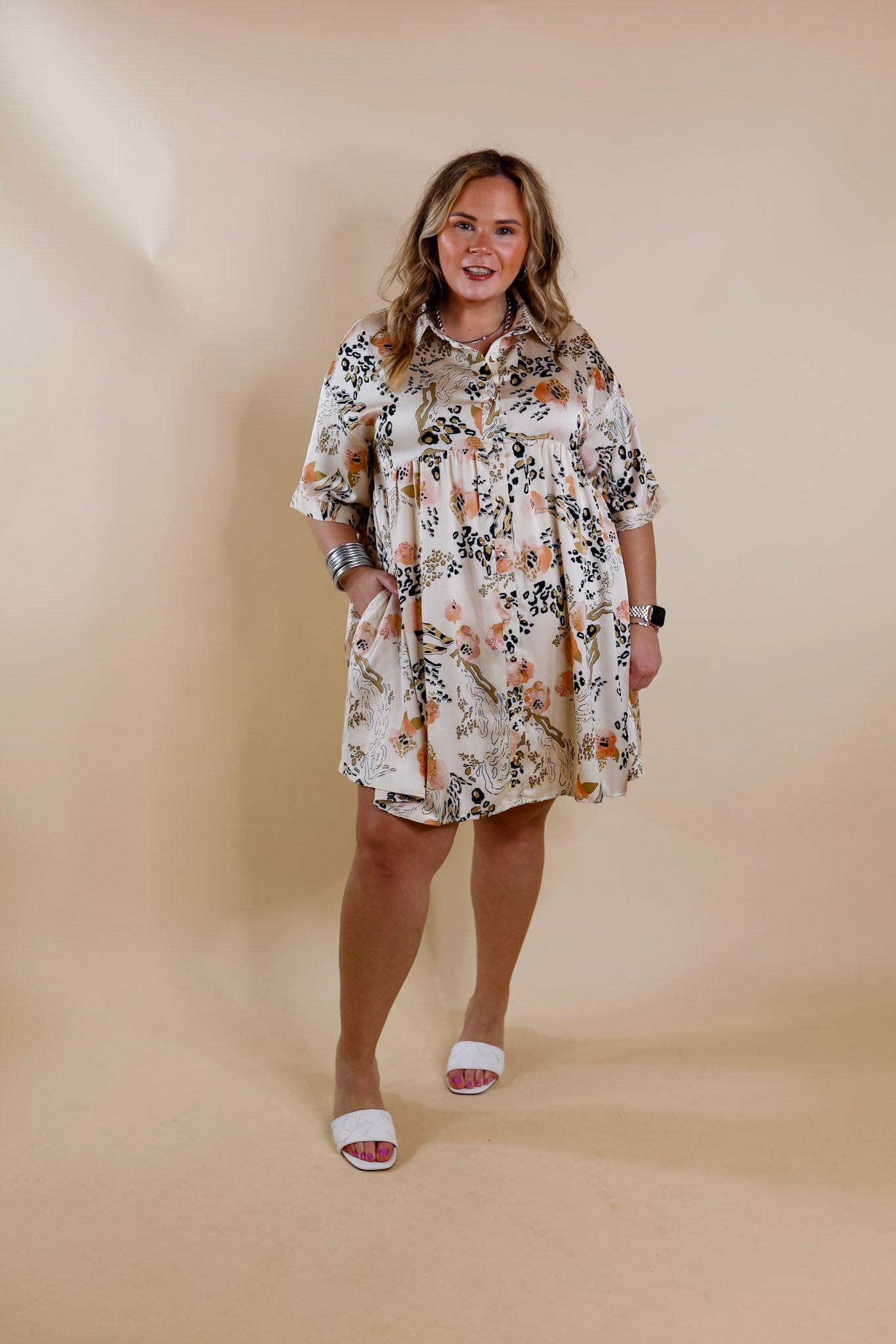 Ready To Flaunt Button Up Mix Print Satin Babydoll Dress in Ivory - Giddy Up Glamour Boutique