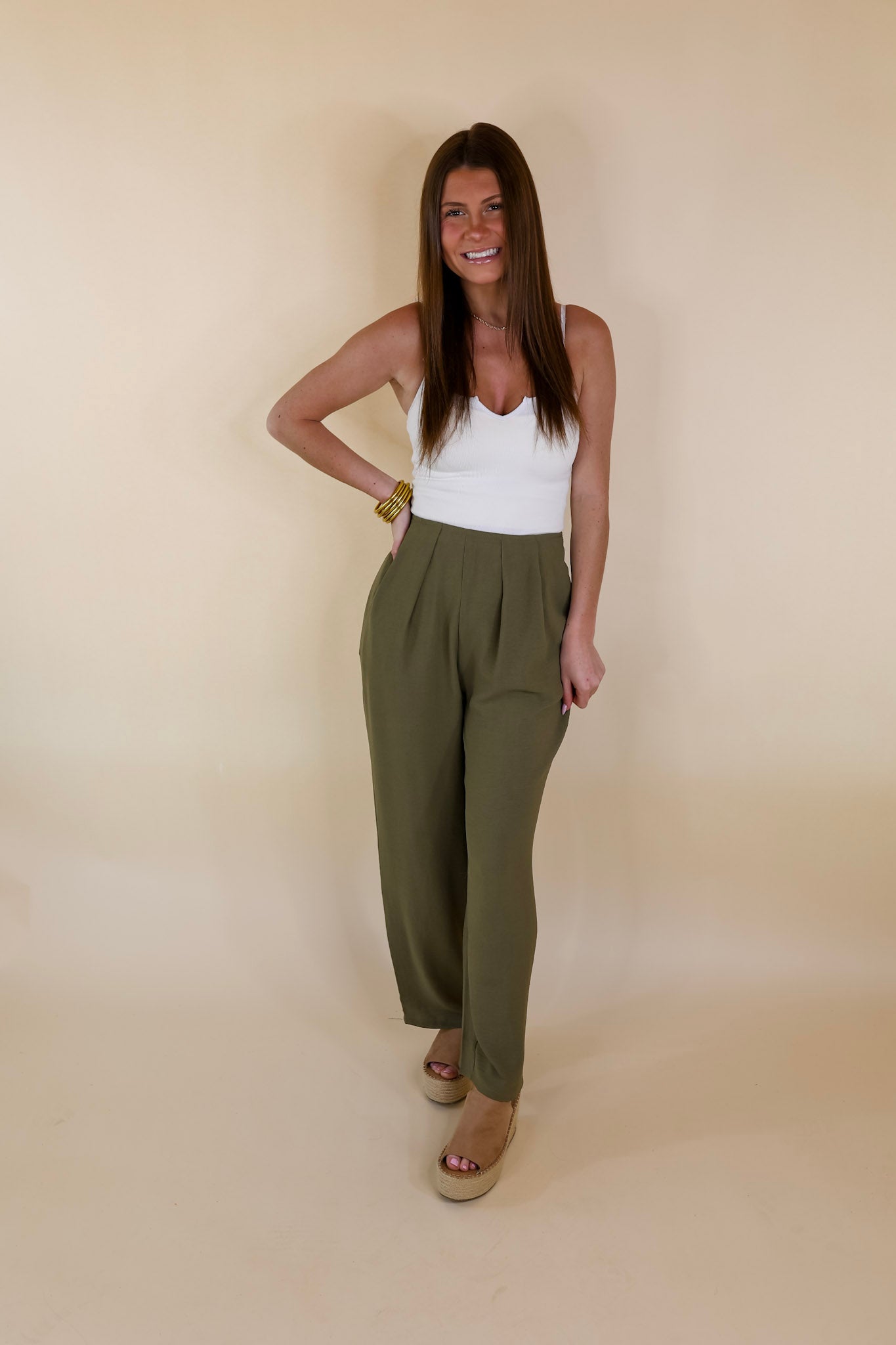 Trading Favors Pleated Detail Pants in Olive Green - Giddy Up Glamour Boutique