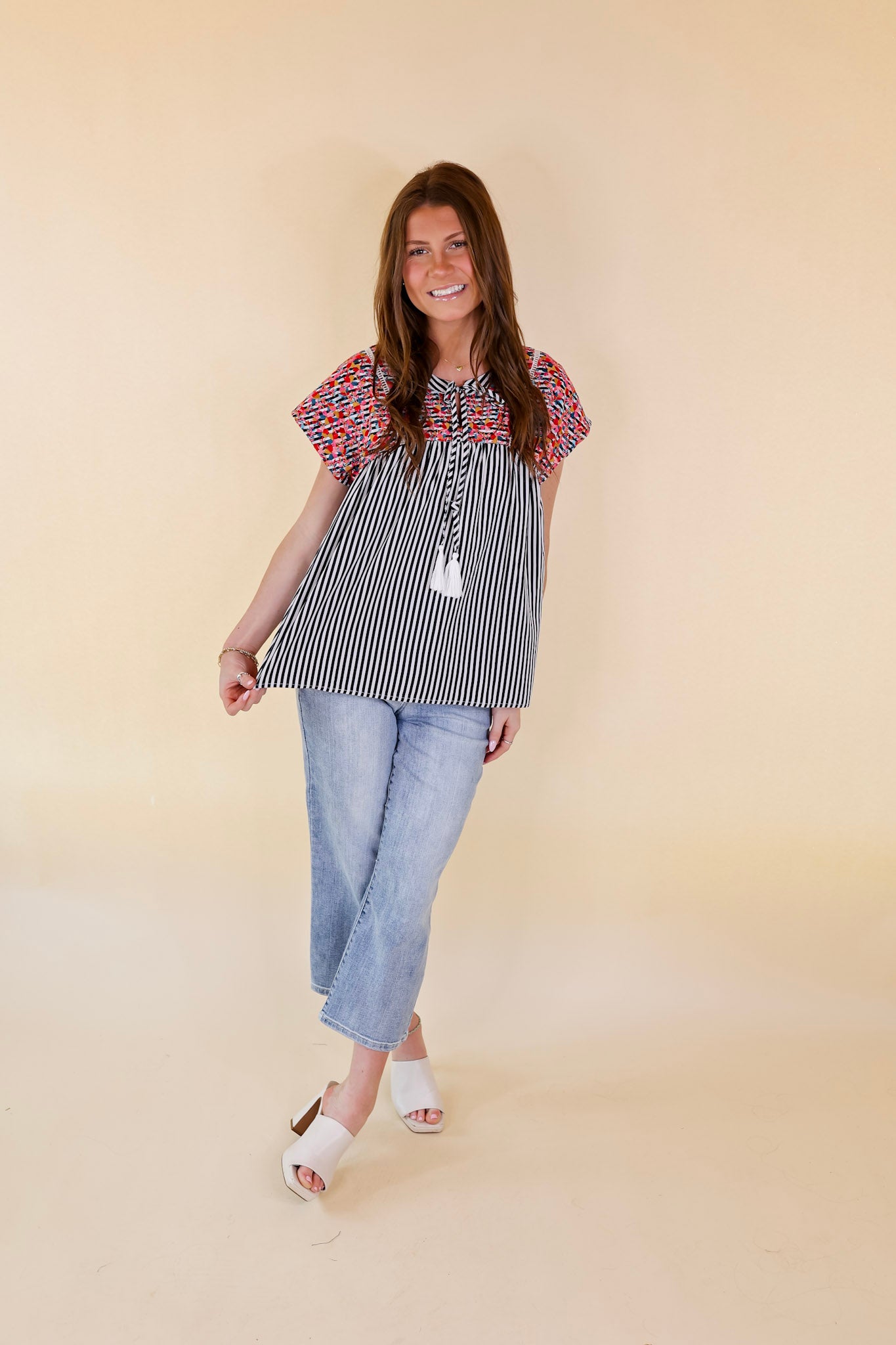 Fredericksburg In the Spring Striped Embroidered Top with Front Keyhole in Black and White - Giddy Up Glamour Boutique
