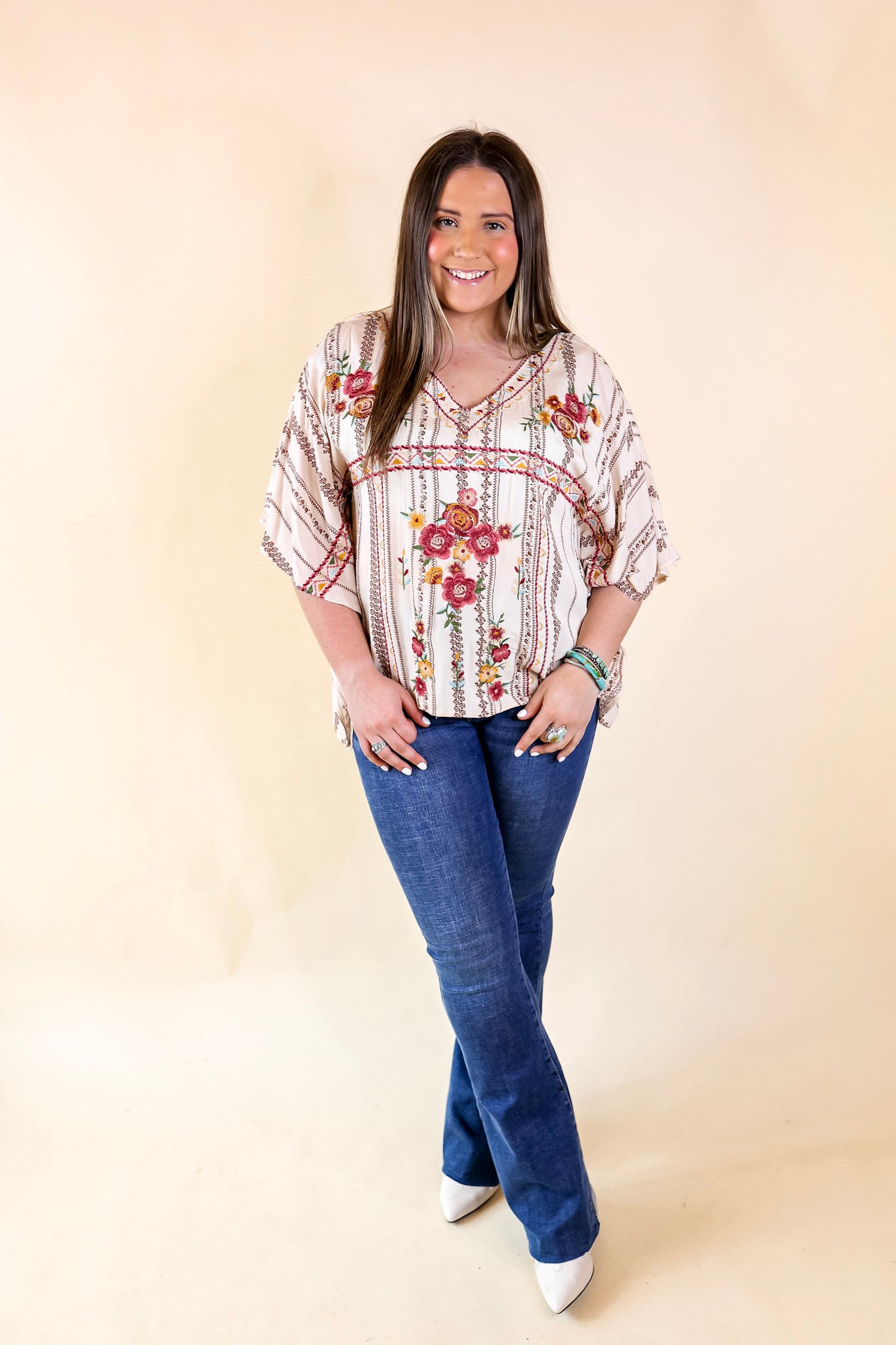 On A High Note Embroidered Poncho Top with V Neck in Ivory - Giddy Up Glamour Boutique