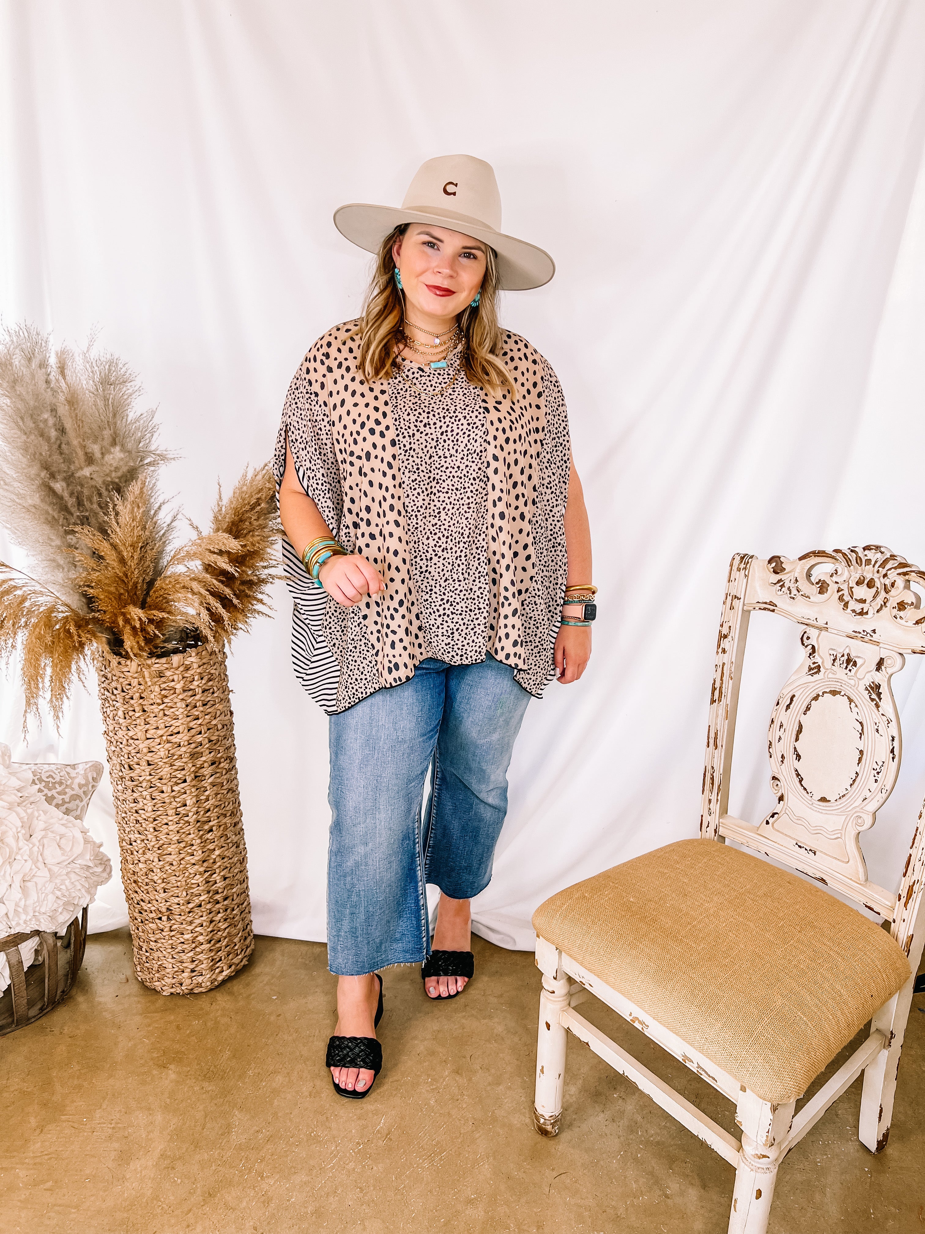 Pursue Your Passion Print Block Poncho Top in Taupe and Black - Giddy Up Glamour Boutique