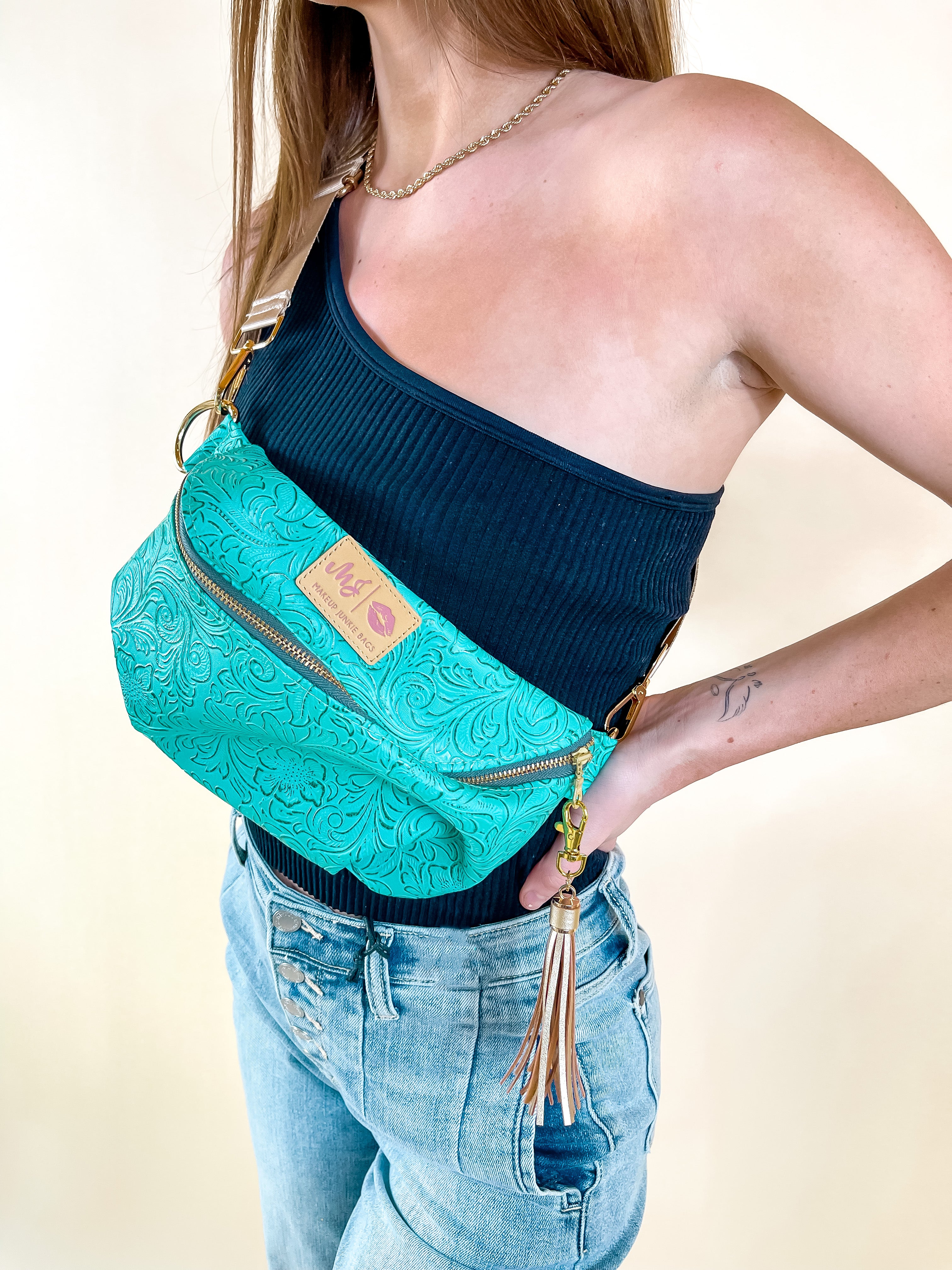 Makeup Junkie | Turquoise Dream Sidekick with Adjustable Strap in Turquoise Tooled Print - Giddy Up Glamour Boutique