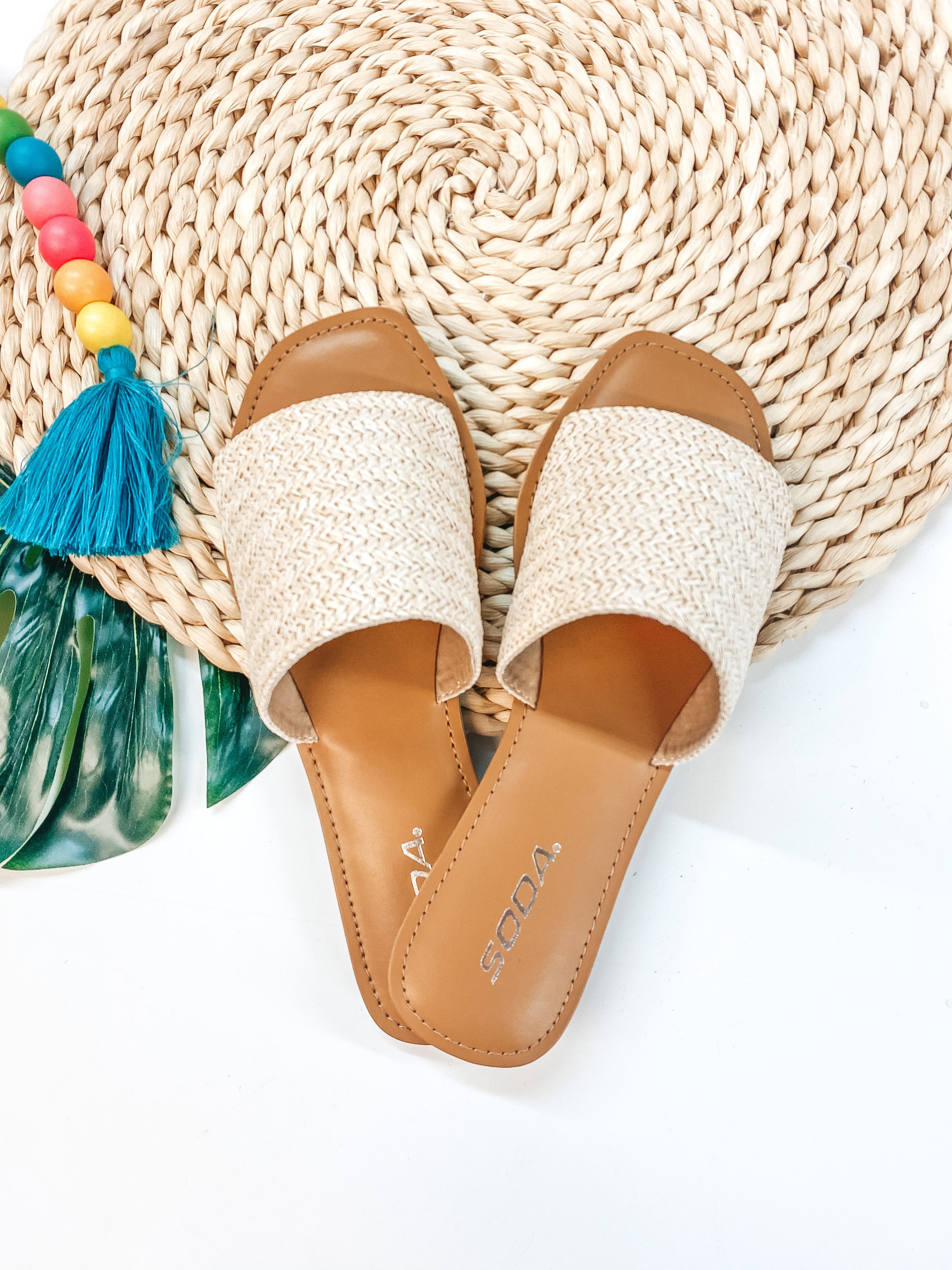 Palm Beach Stroll One Strap Woven Square Toe Slip On Sandals in Ivory - Giddy Up Glamour Boutique