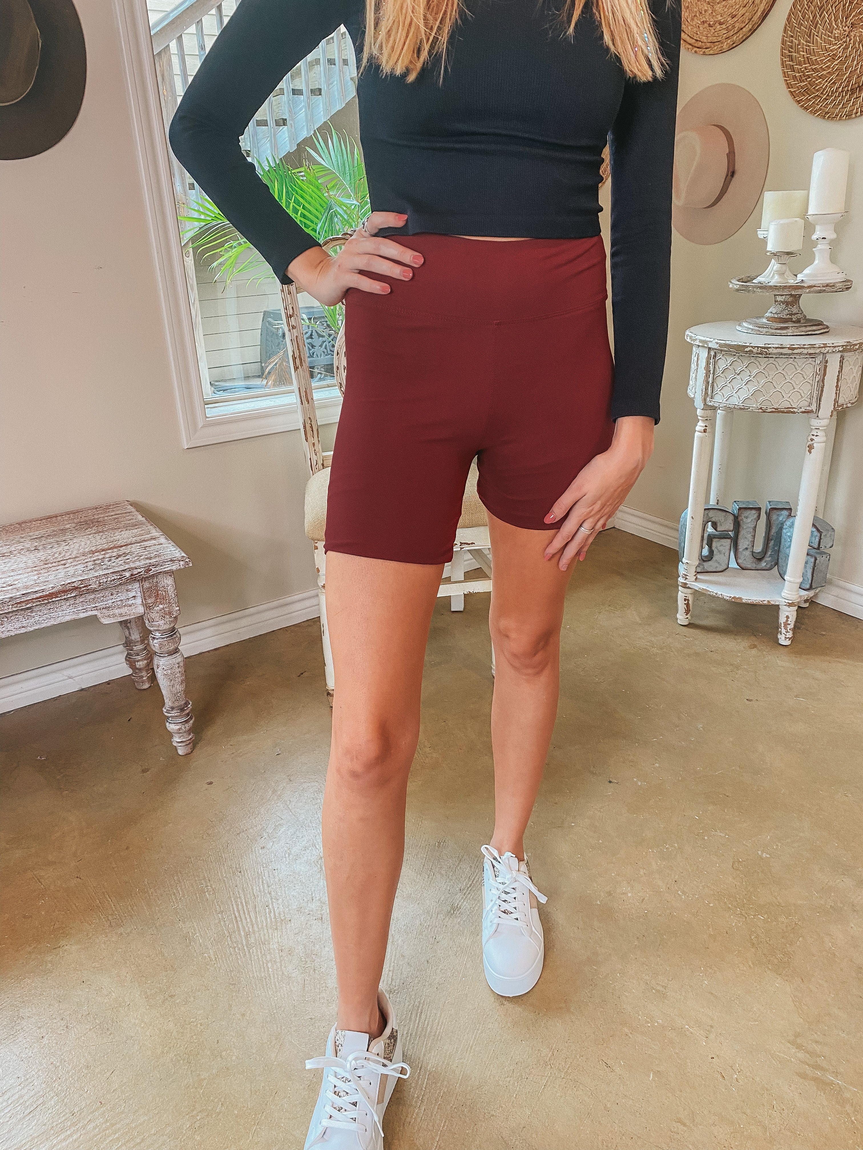 Finish Strong High Waist Biker Shorts in Maroon - Giddy Up Glamour Boutique