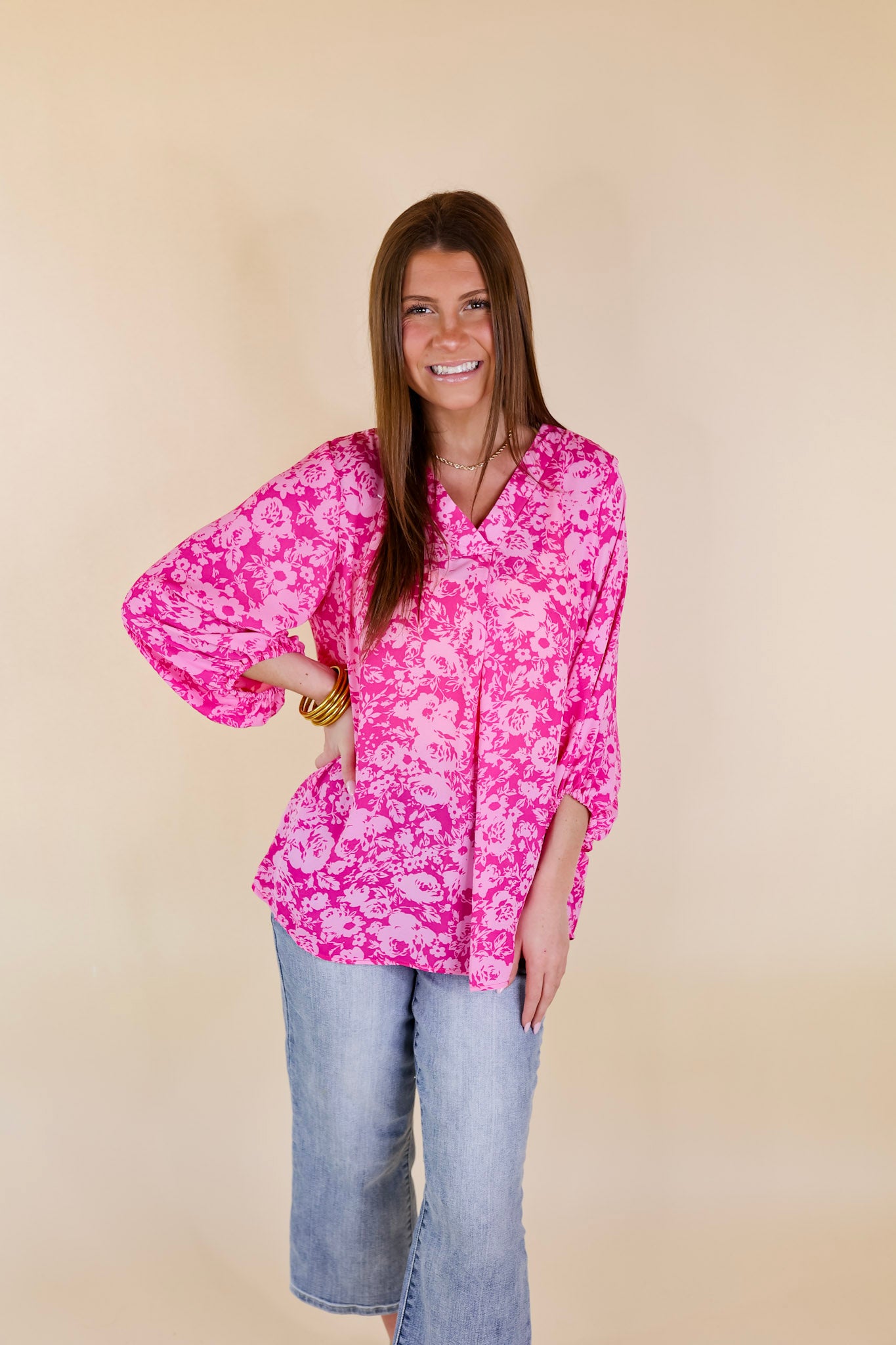 Eyes On Paradise Floral Print Blouse with 3/4 Sleeves in Pink - Giddy Up Glamour Boutique