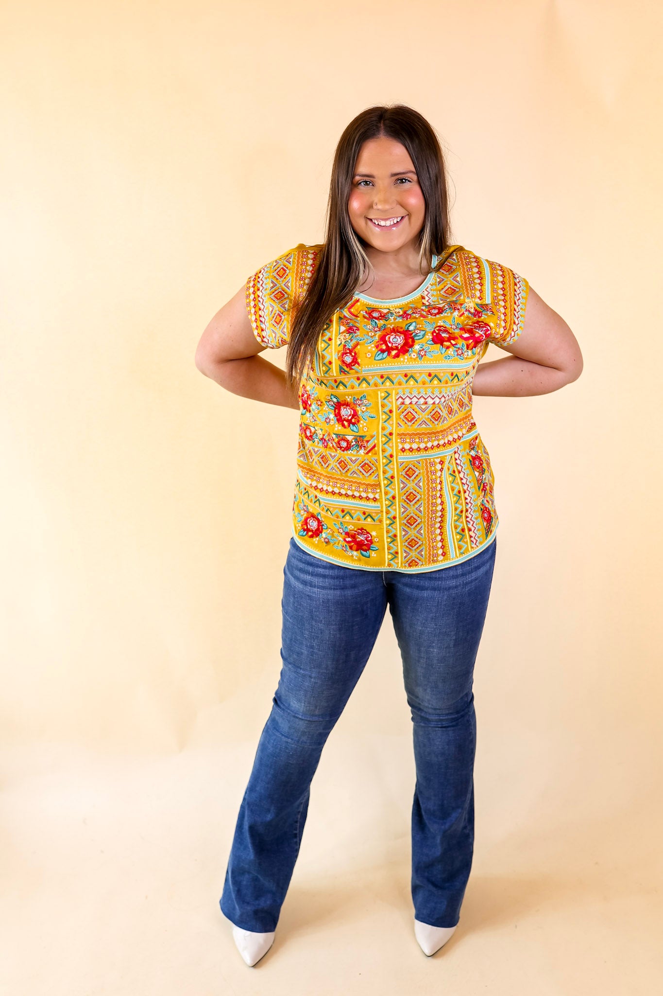 Sonoma Valley Bright Embroidered Short Sleeve Top in Marigold Yellow - Giddy Up Glamour Boutique