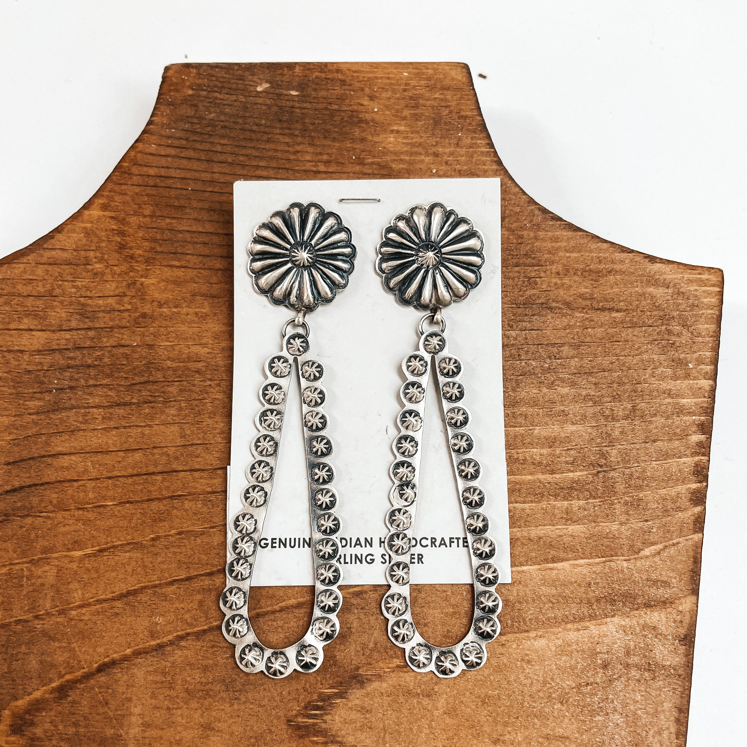 Eugene Charley | Navajo Handmade Sterling Silver Concho Post Earrings with Teardrop Outline Dangle - Giddy Up Glamour Boutique