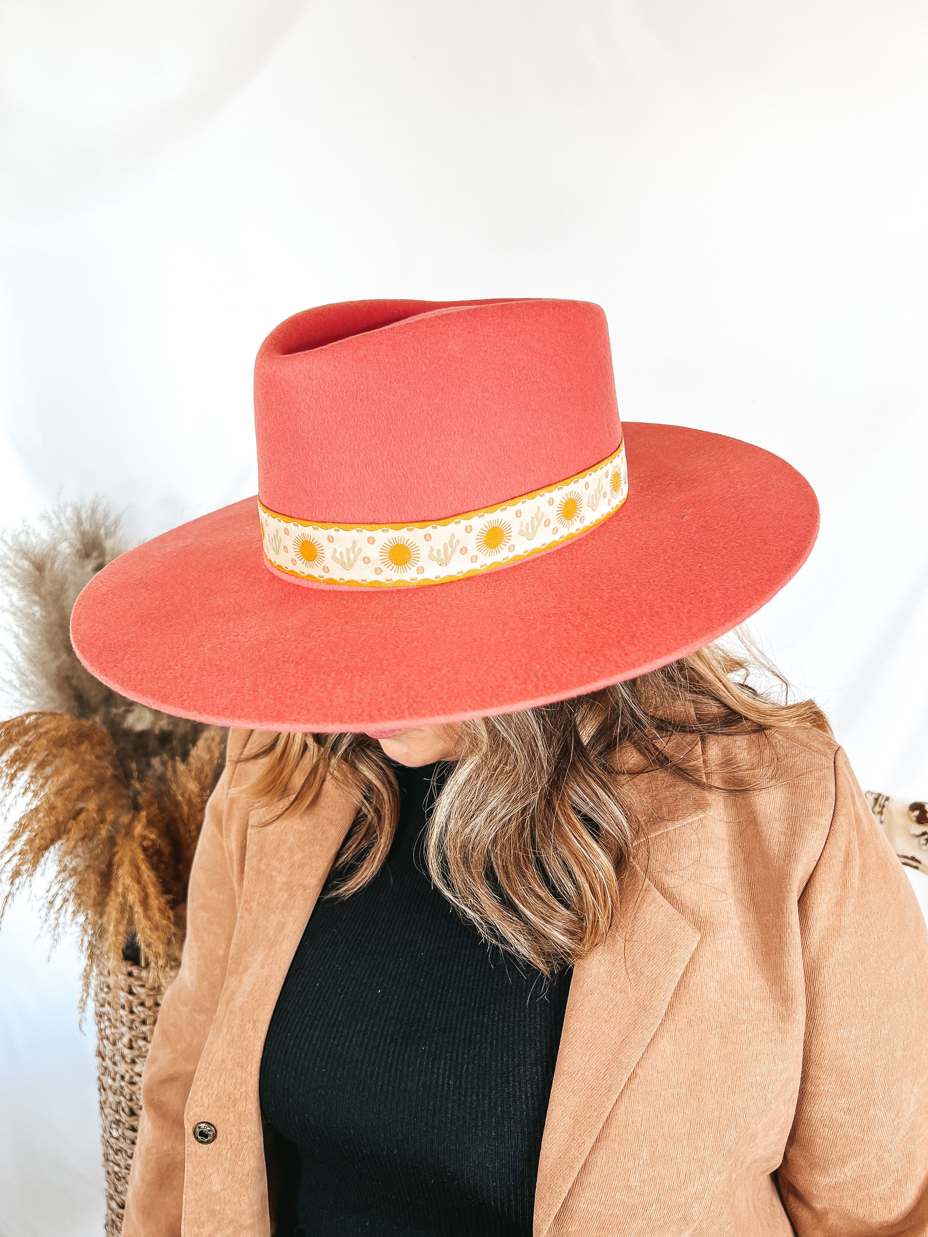 GiGi Pip | Dae Triangle Crown Wool Felt Hat with Cactus and Sun Band in Pink - Giddy Up Glamour Boutique