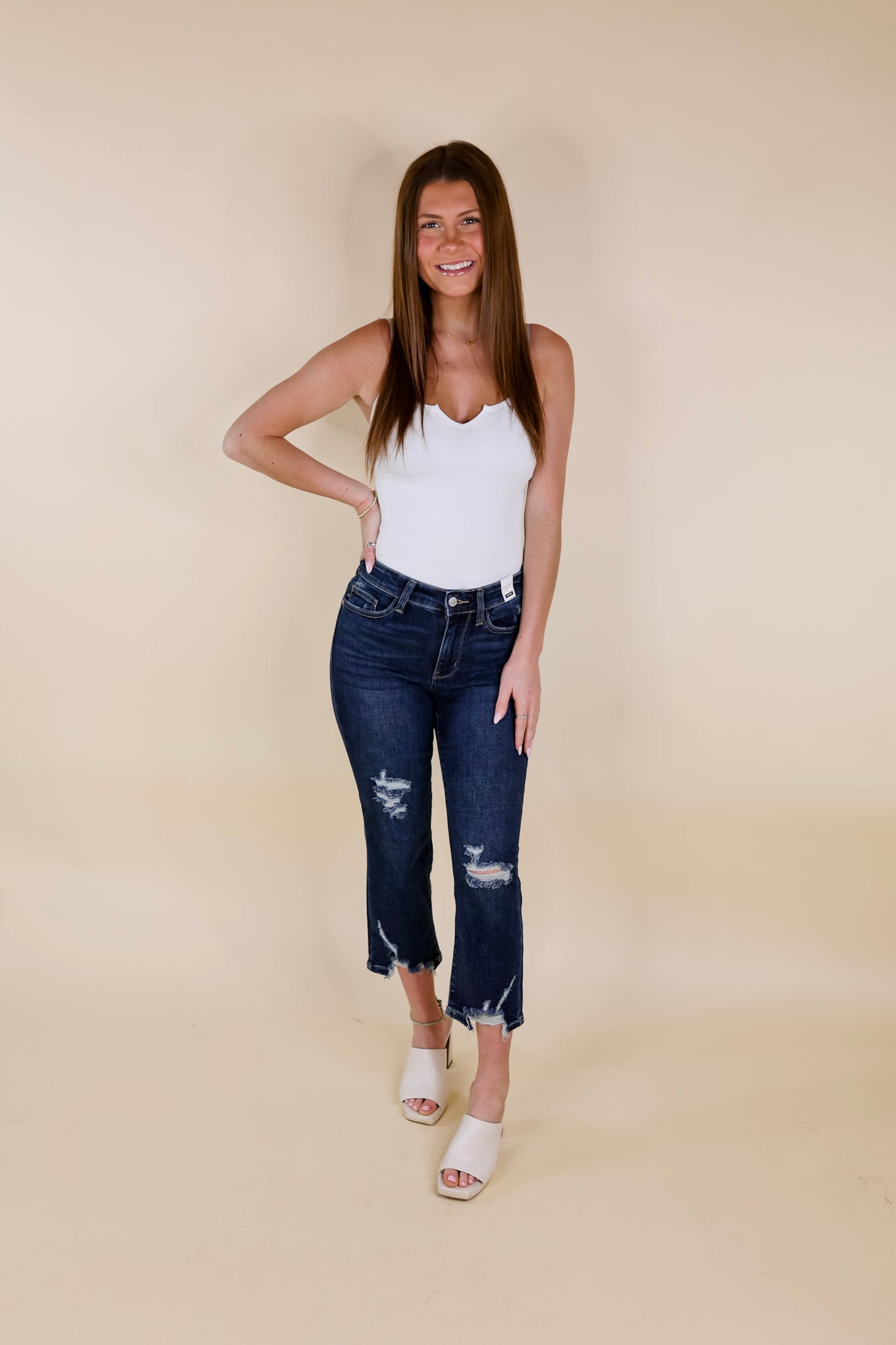 Judy Blue | Express It All Destroy Hem Cropped Straight Jeans in Dark Wash - Giddy Up Glamour Boutique