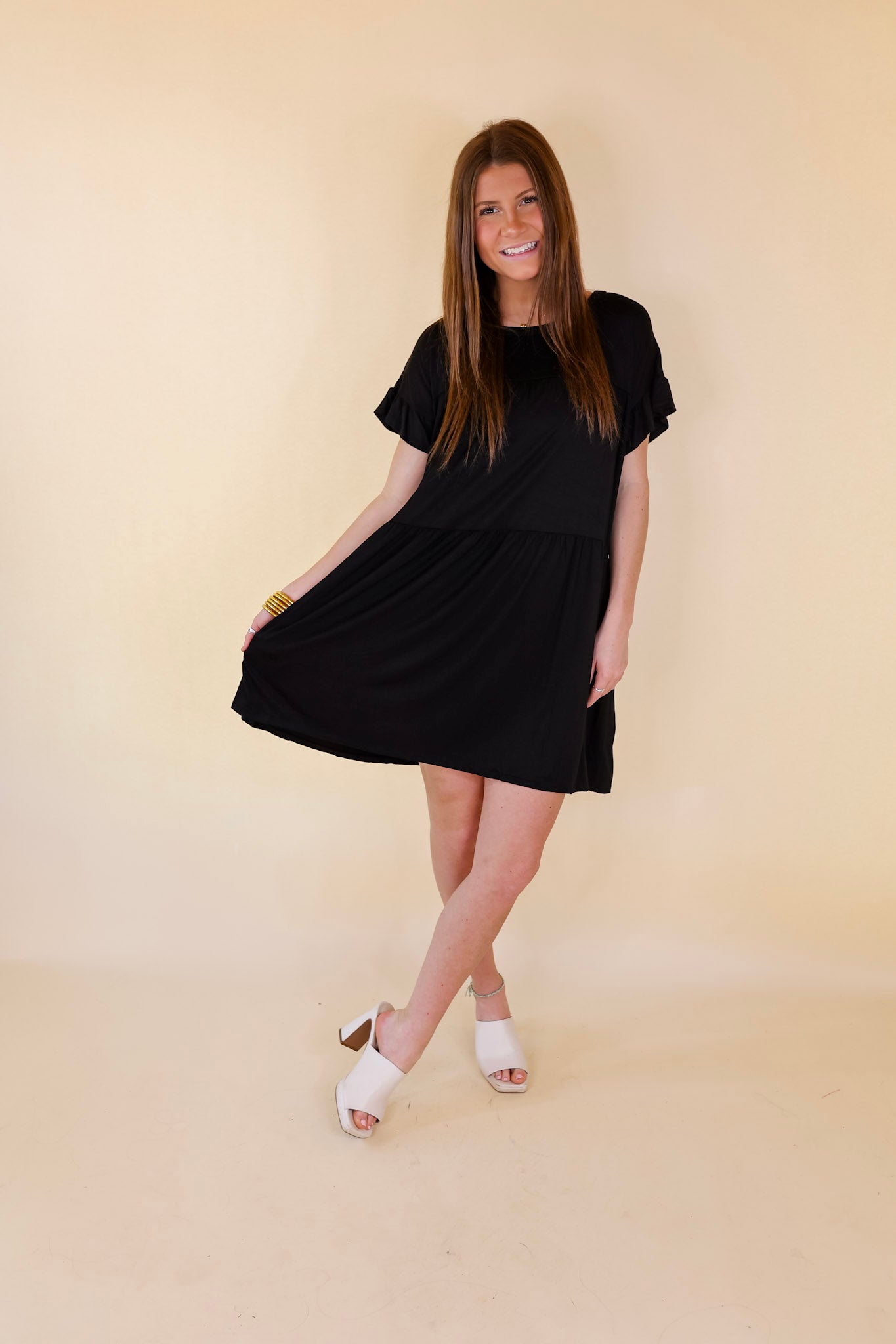 Gorgeous Girly Ruffle Sleeve Tiered Dress in Black - Giddy Up Glamour Boutique