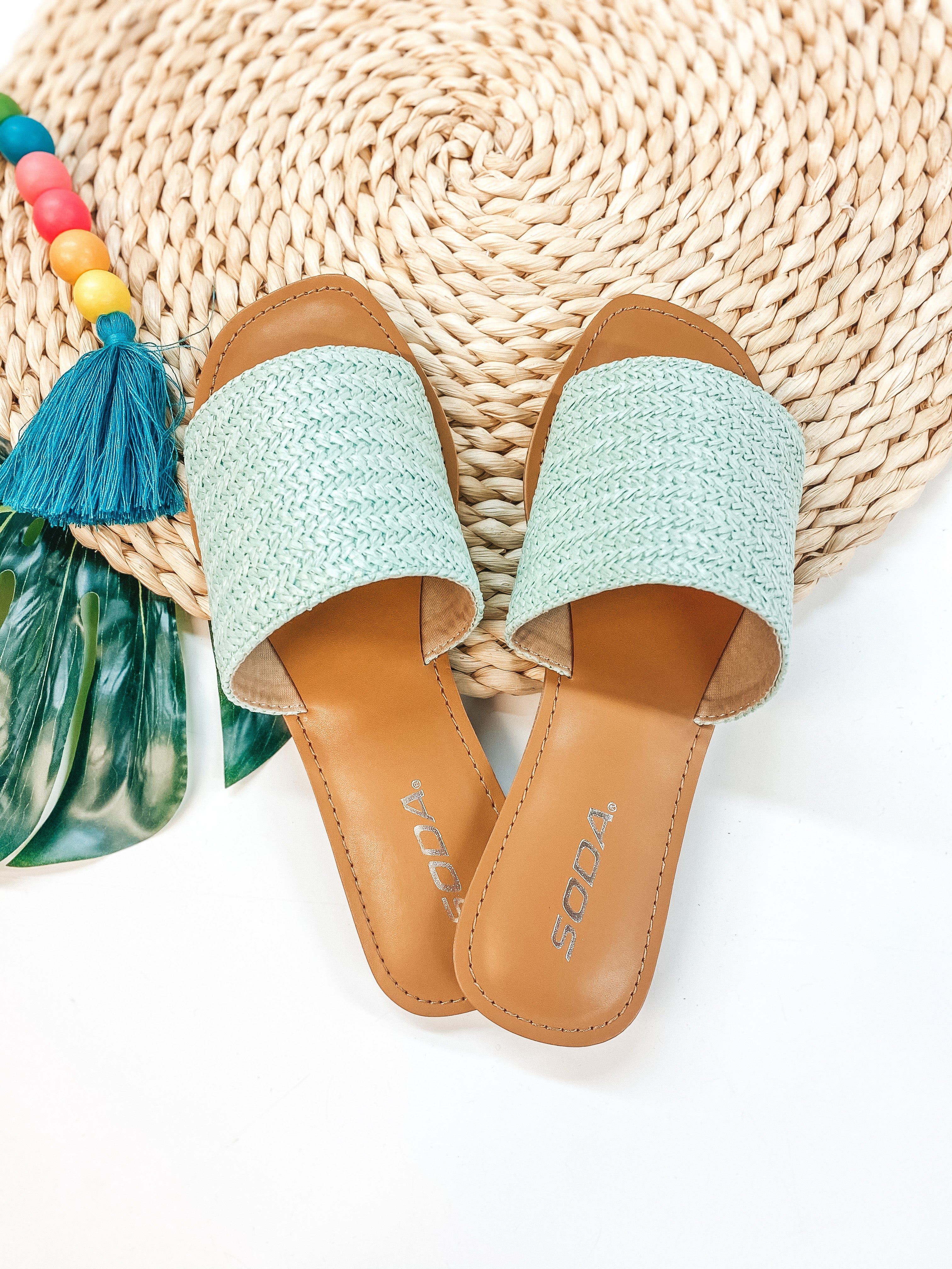 Palm Beach Stroll One Strap Woven Square Toe Slip On Sandals in Mint - Giddy Up Glamour Boutique