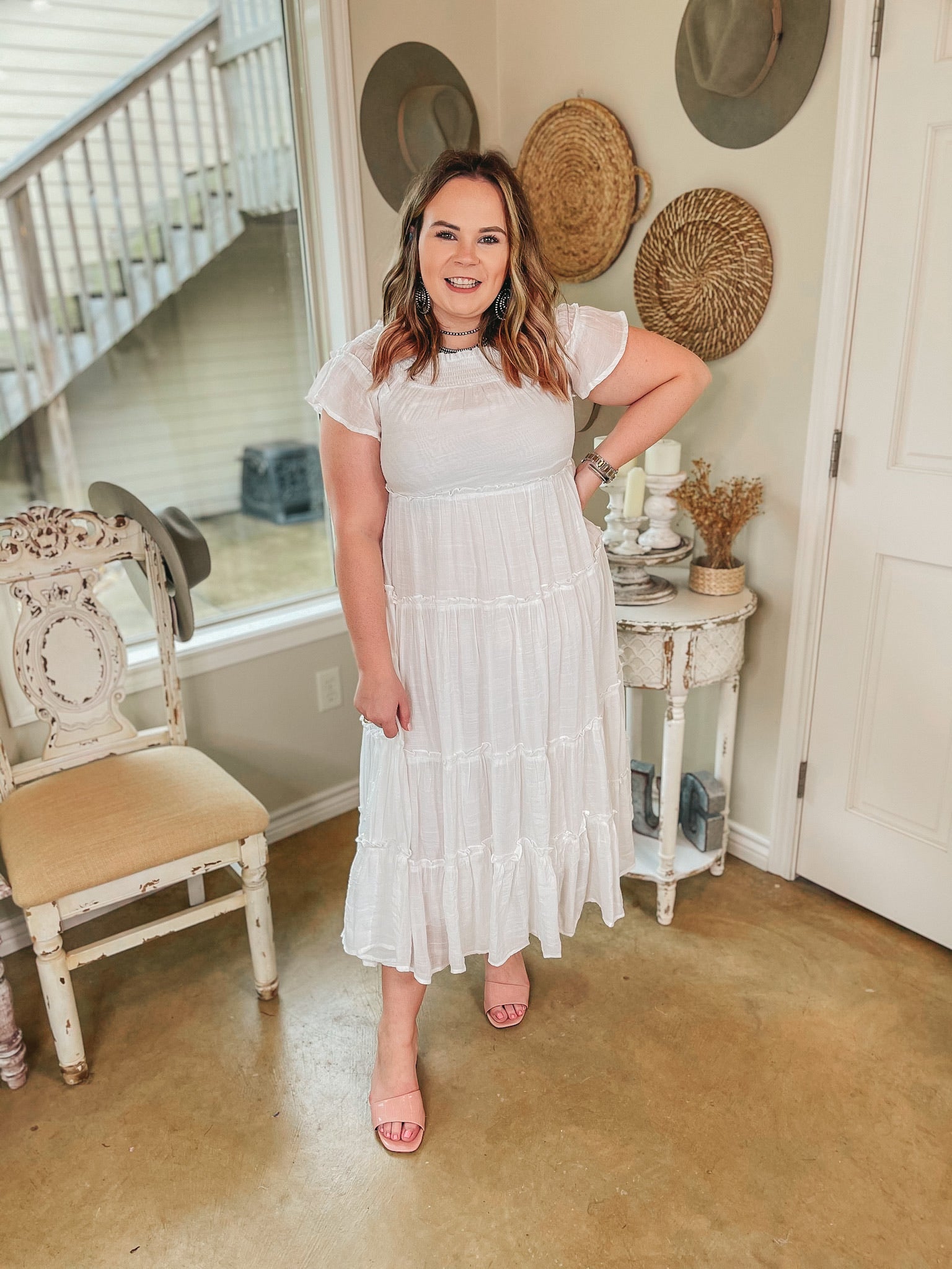 Tulum Travels Ruffle Tiered Off the Shoulder Midi Dress in White - Giddy Up Glamour Boutique