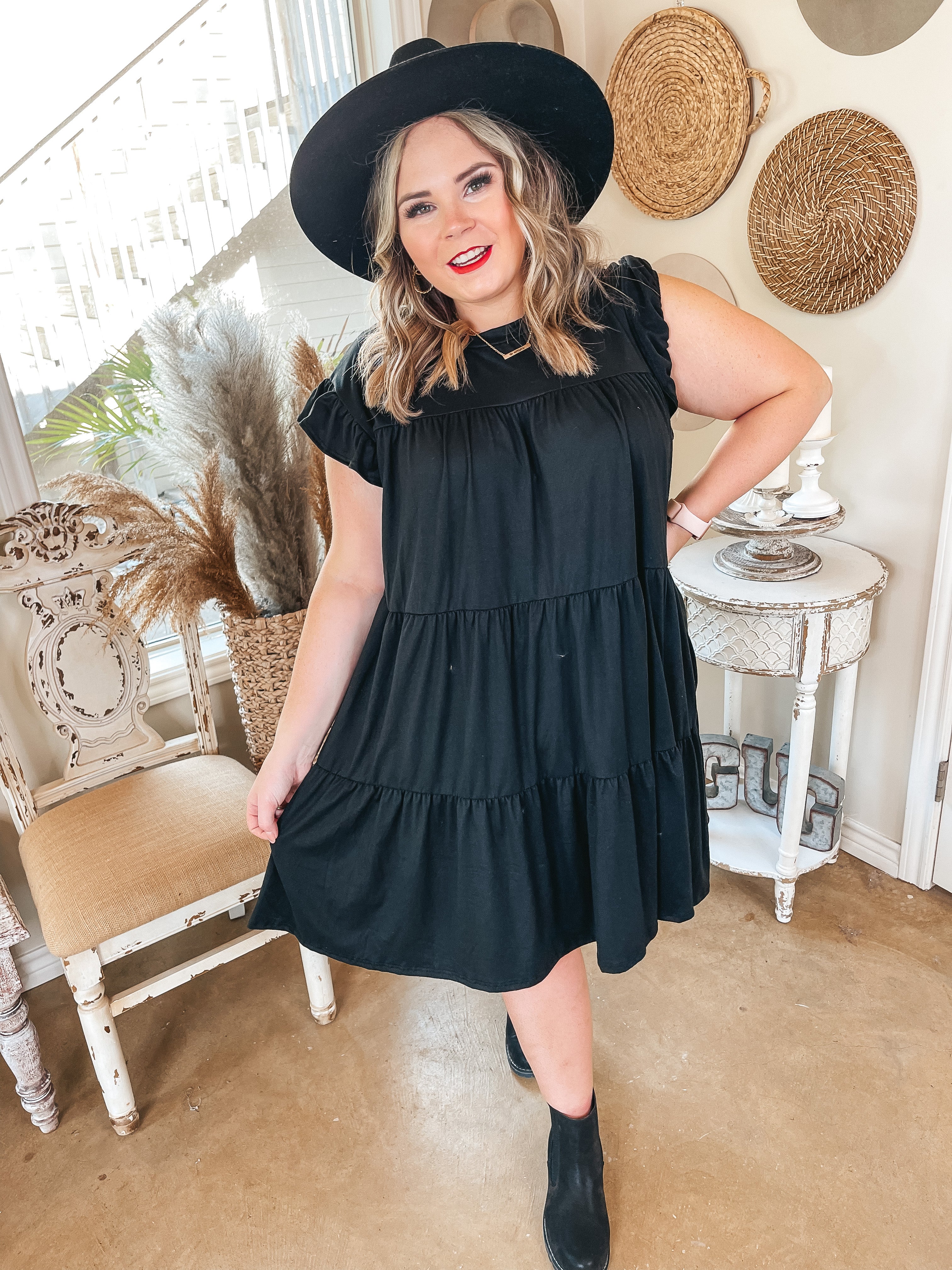 Instant Attraction Solid Ruffle Tiered Dress in Black - Giddy Up Glamour Boutique
