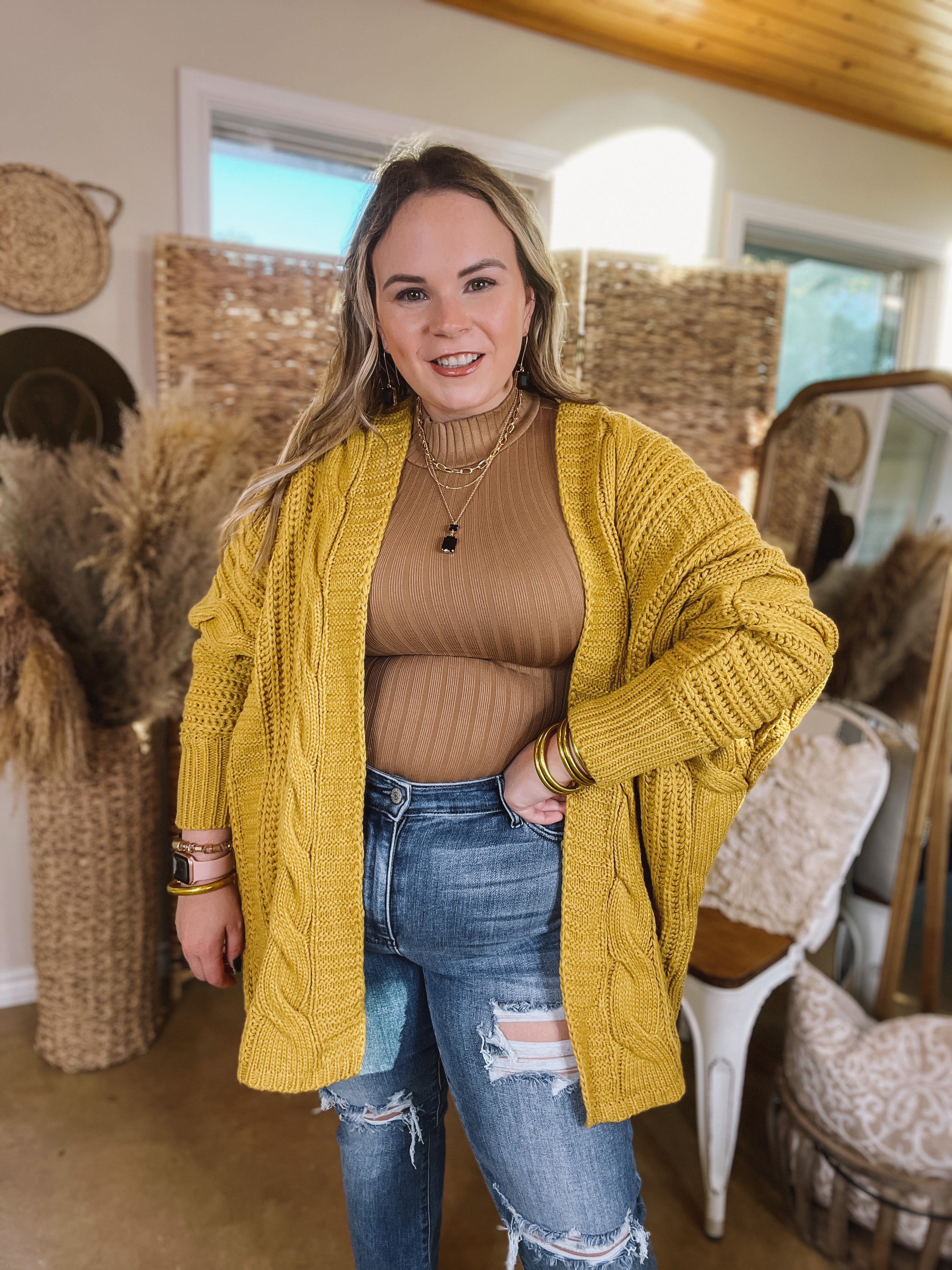 Caramel Spice Kisses Long Sleeve Dolman Cardigan in Mustard Yellow - Giddy Up Glamour Boutique