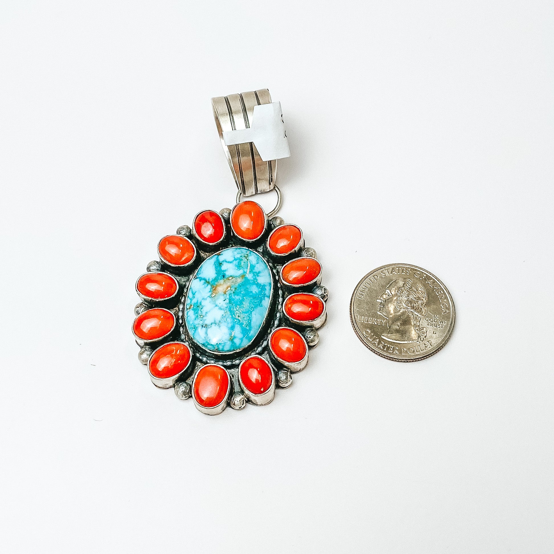 Tatum Skeets | Navajo Handmade Sterling Silver Coral and Turquoise Stone Cluster Pendant - Giddy Up Glamour Boutique