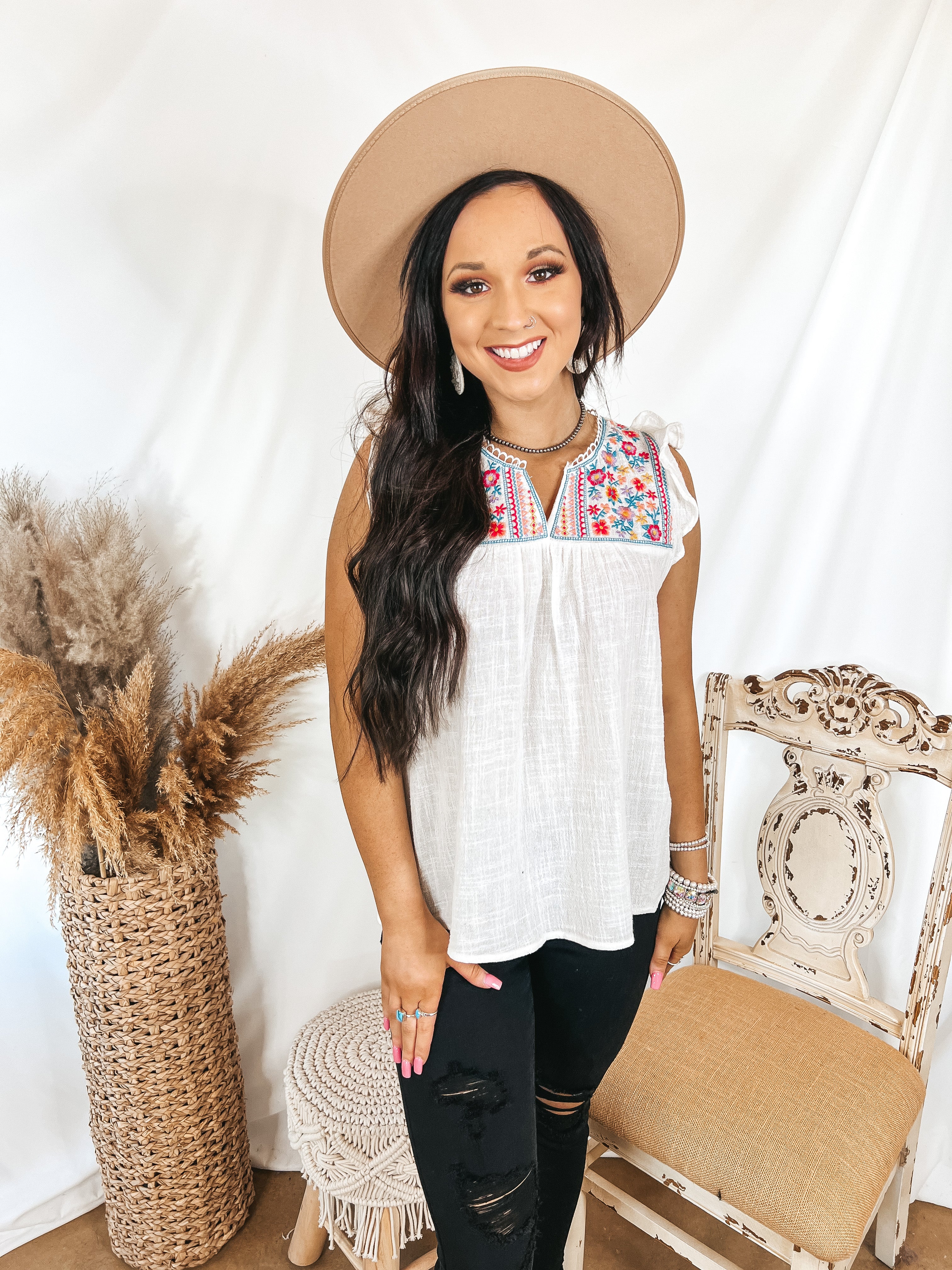 Sunny Perspective Ruffle Cap Sleeve Top with Embroidered Yoke in Ivory - Giddy Up Glamour Boutique