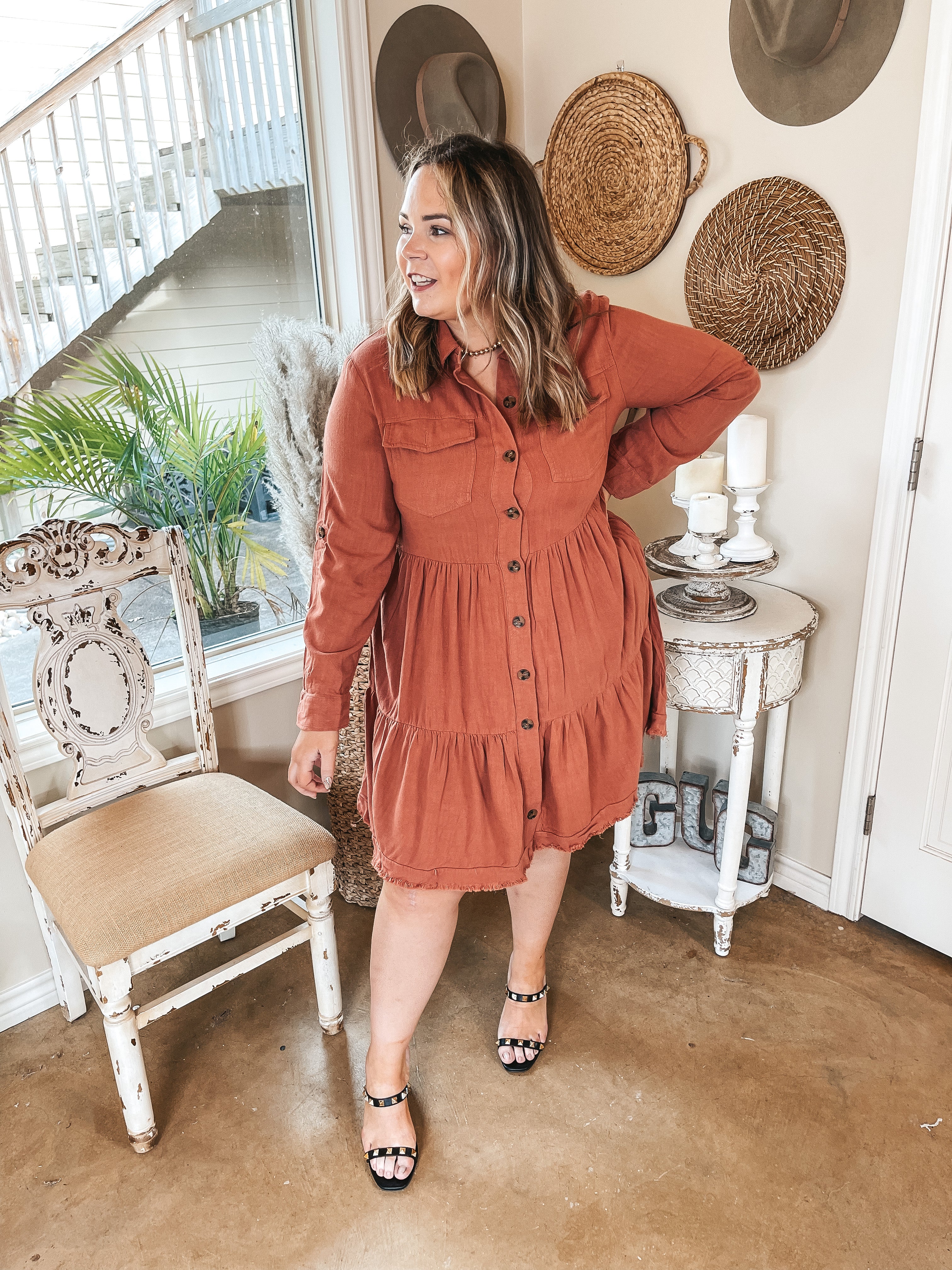 Chic Darling Ruffle Tiered Button Up Dress with Long Sleeves in Rust - Giddy Up Glamour Boutique