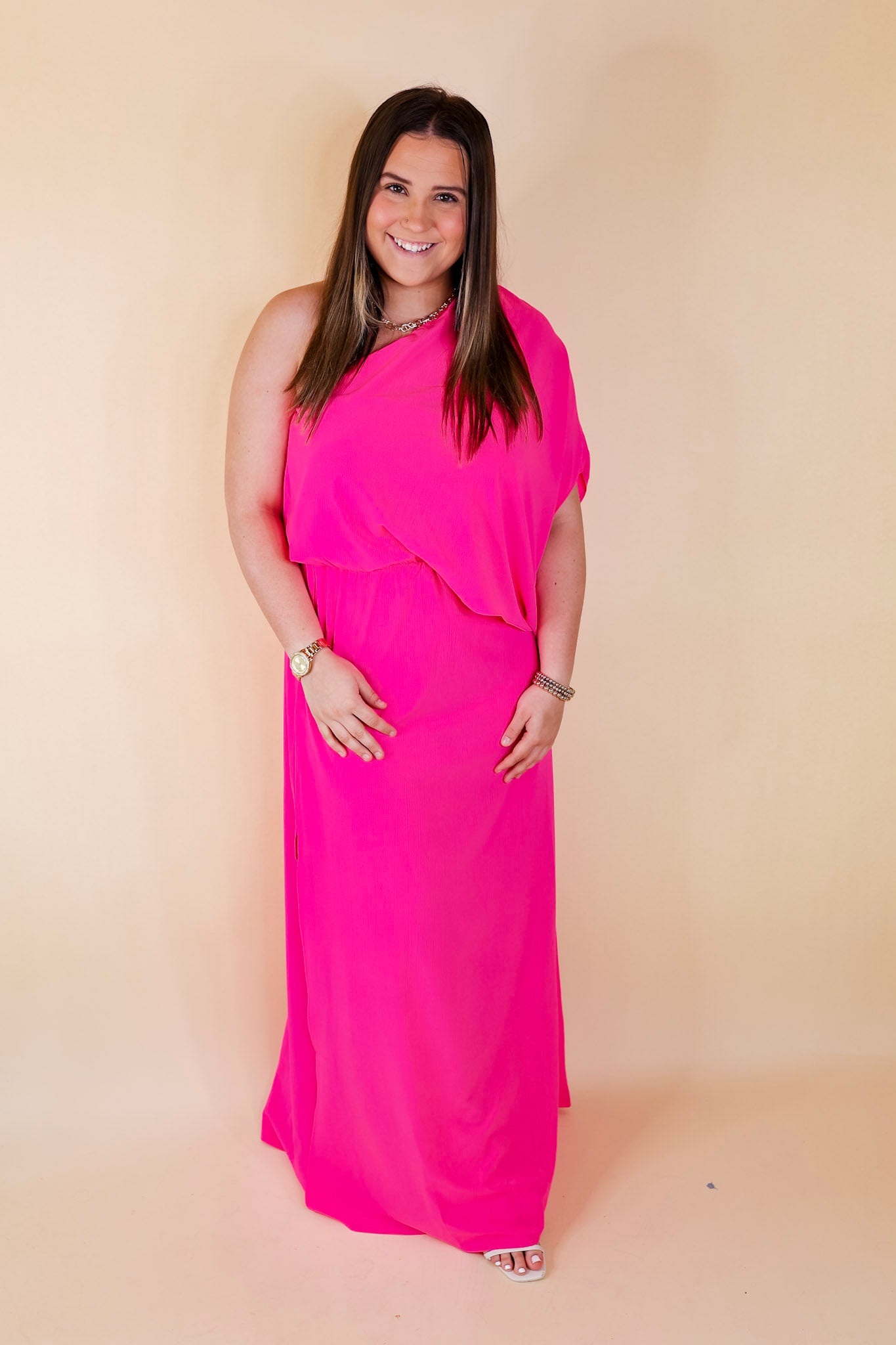 Chic Romance One Shoulder Unbalanced Maxi Dress in Fuchsia Pink - Giddy Up Glamour Boutique