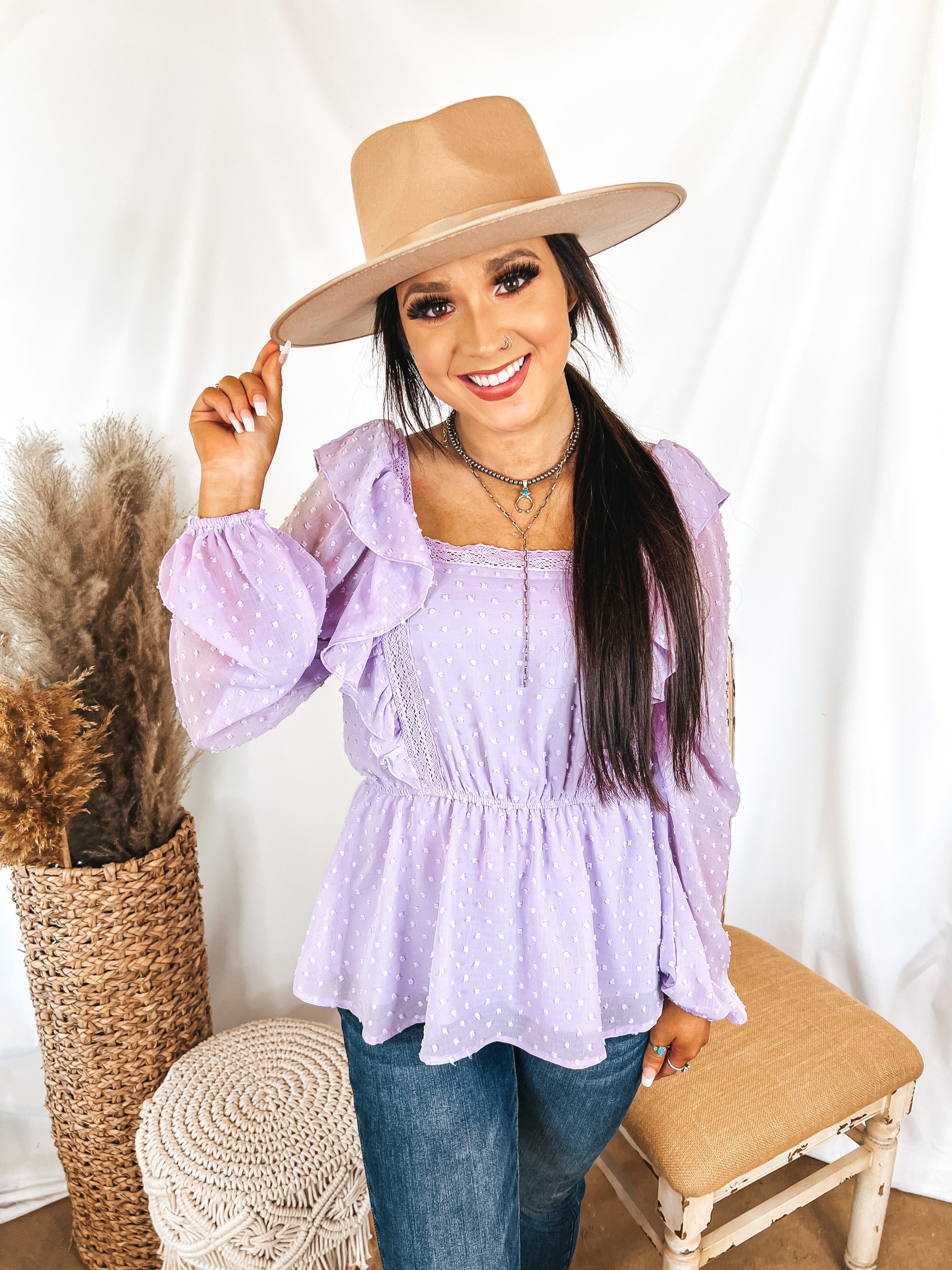 Spring Into Action Swiss Dot Long Sleeve Peplum Top with Ruffle Detail in Lavender - Giddy Up Glamour Boutique