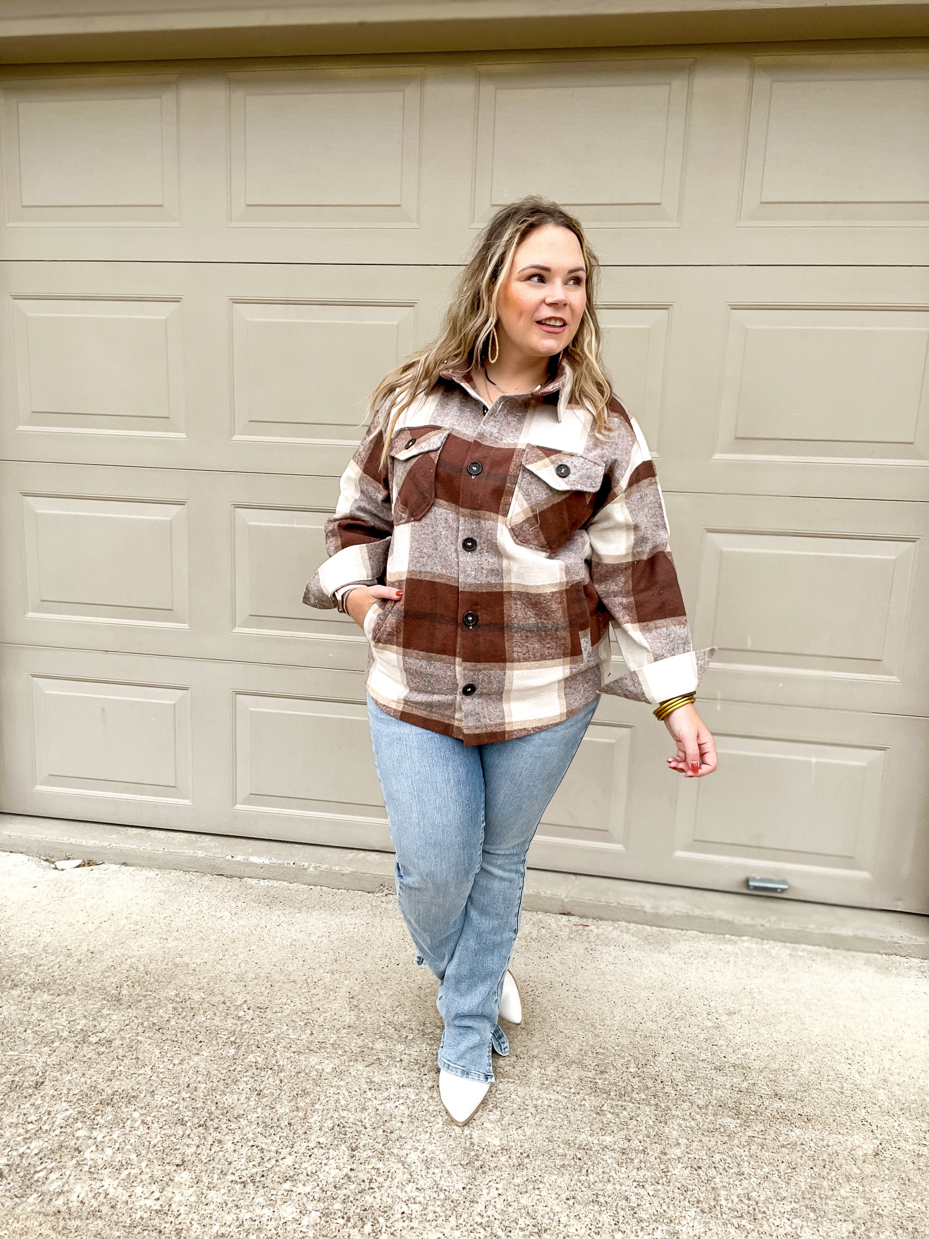 Autumn Air Plaid Button Up Shacket in Brown - Giddy Up Glamour Boutique