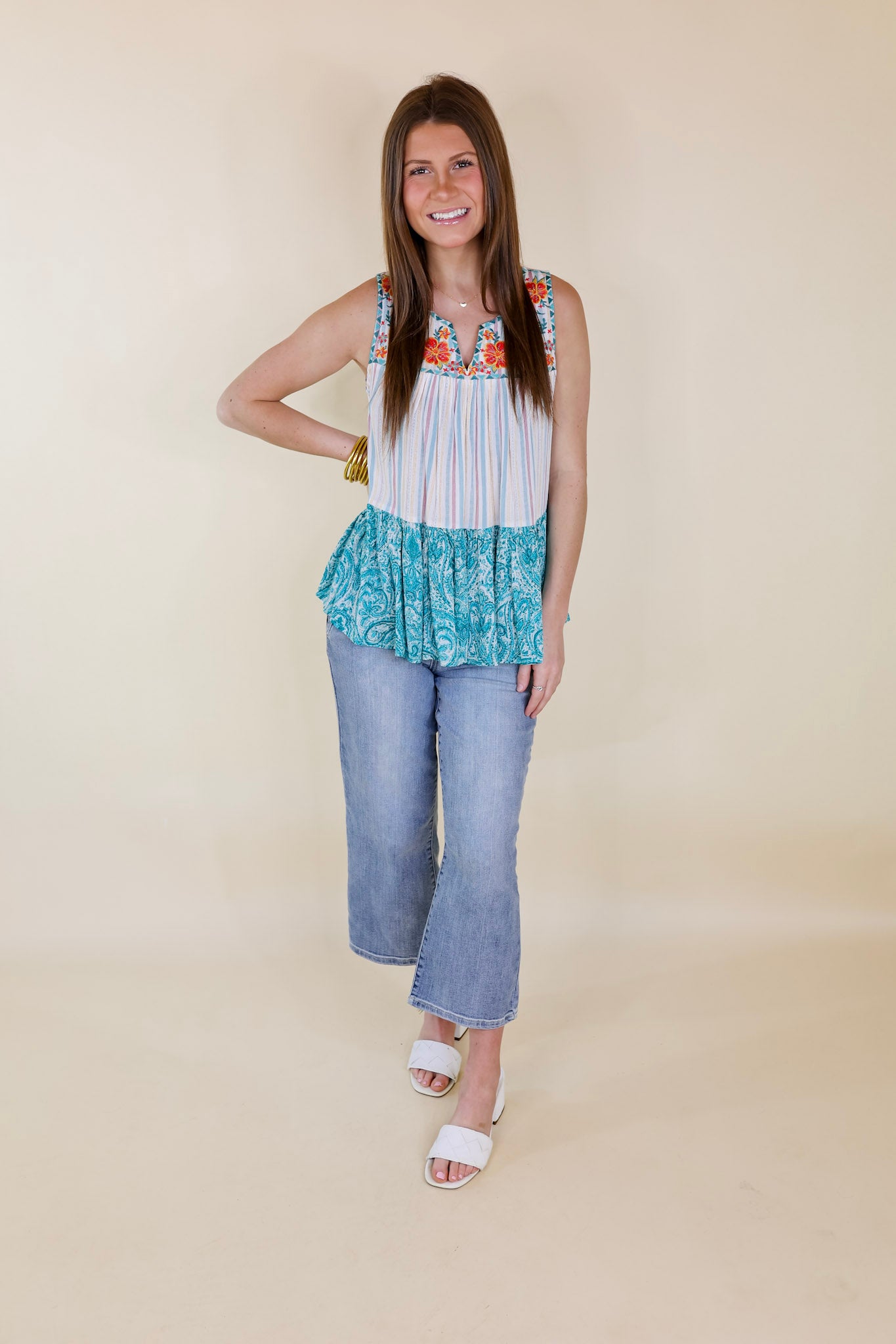 Coastal Caravan Print Block Tank Top with Floral Embroidery in Turquoise Mix - Giddy Up Glamour Boutique