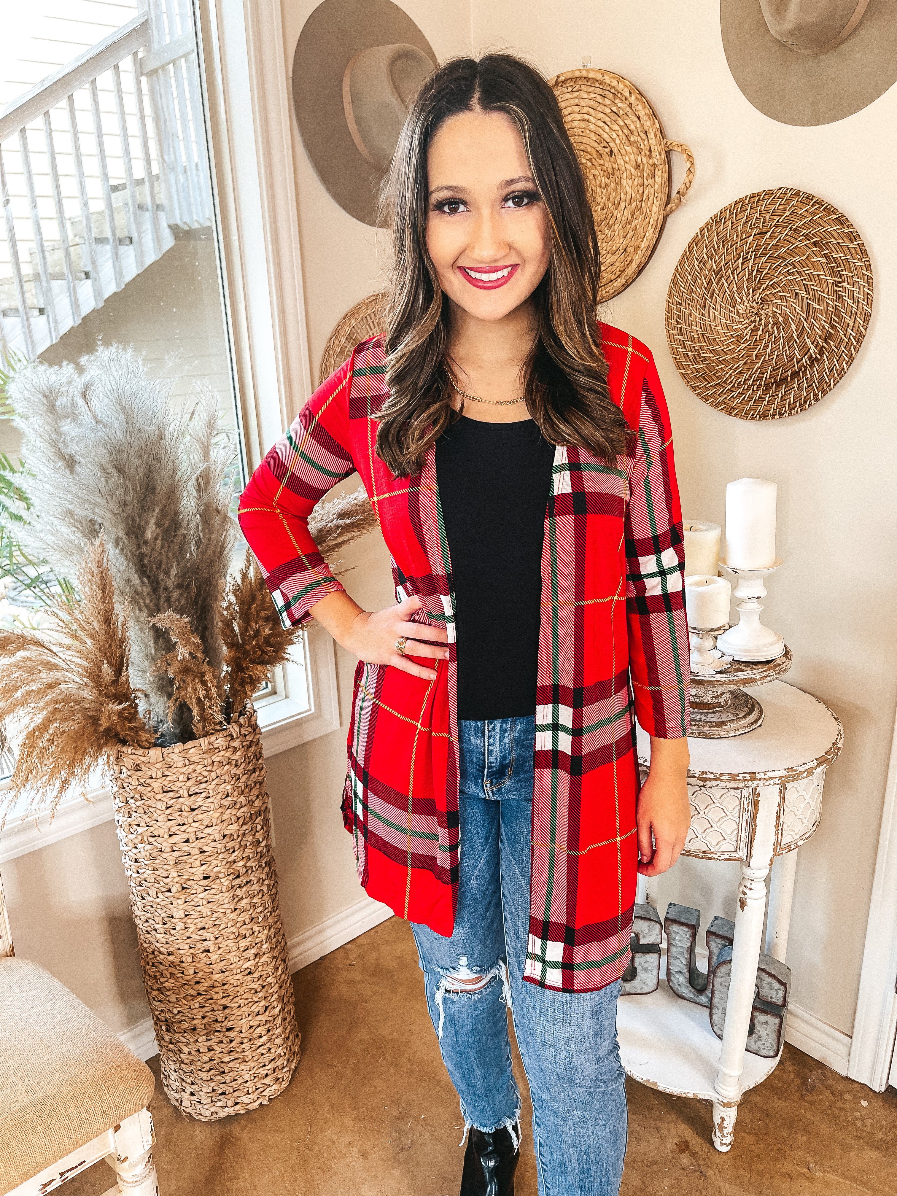 All Eyes On You Plaid Cardigan in Red and Green - Giddy Up Glamour Boutique