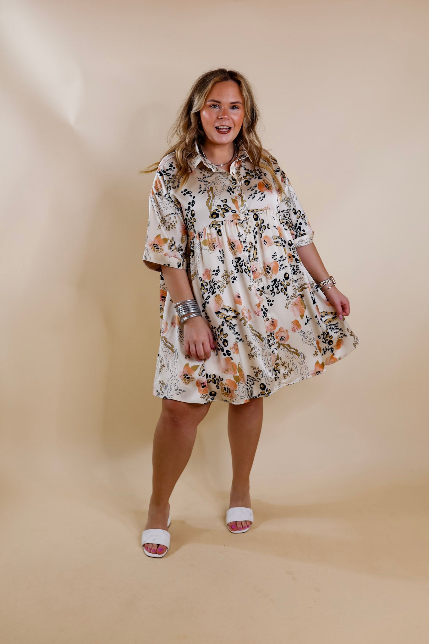 Ready To Flaunt Button Up Mix Print Satin Babydoll Dress in Ivory - Giddy Up Glamour Boutique