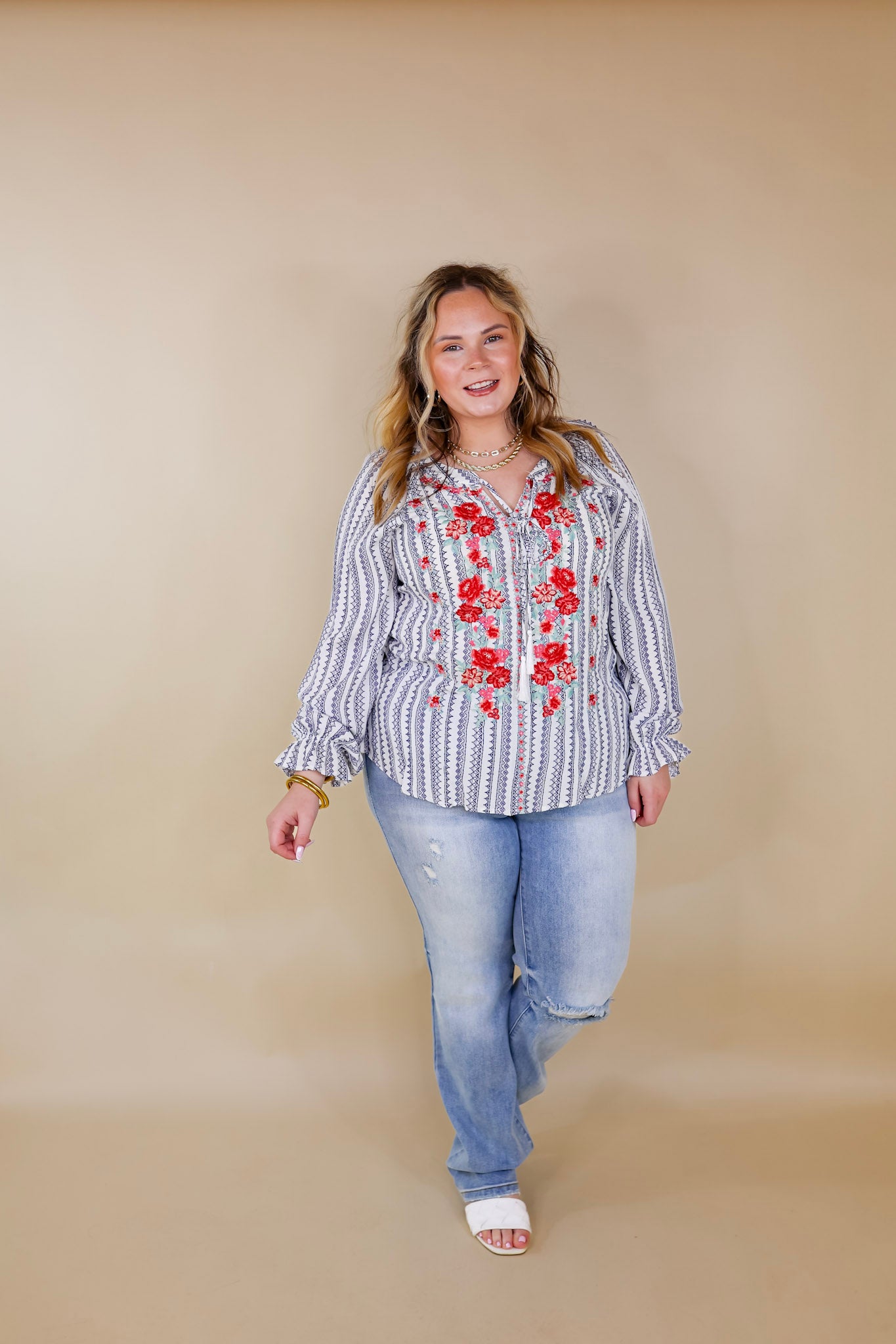 Blissful Beginnings Floral Embroidered Top with Keyhole and Tie Neck in Navy and White - Giddy Up Glamour Boutique