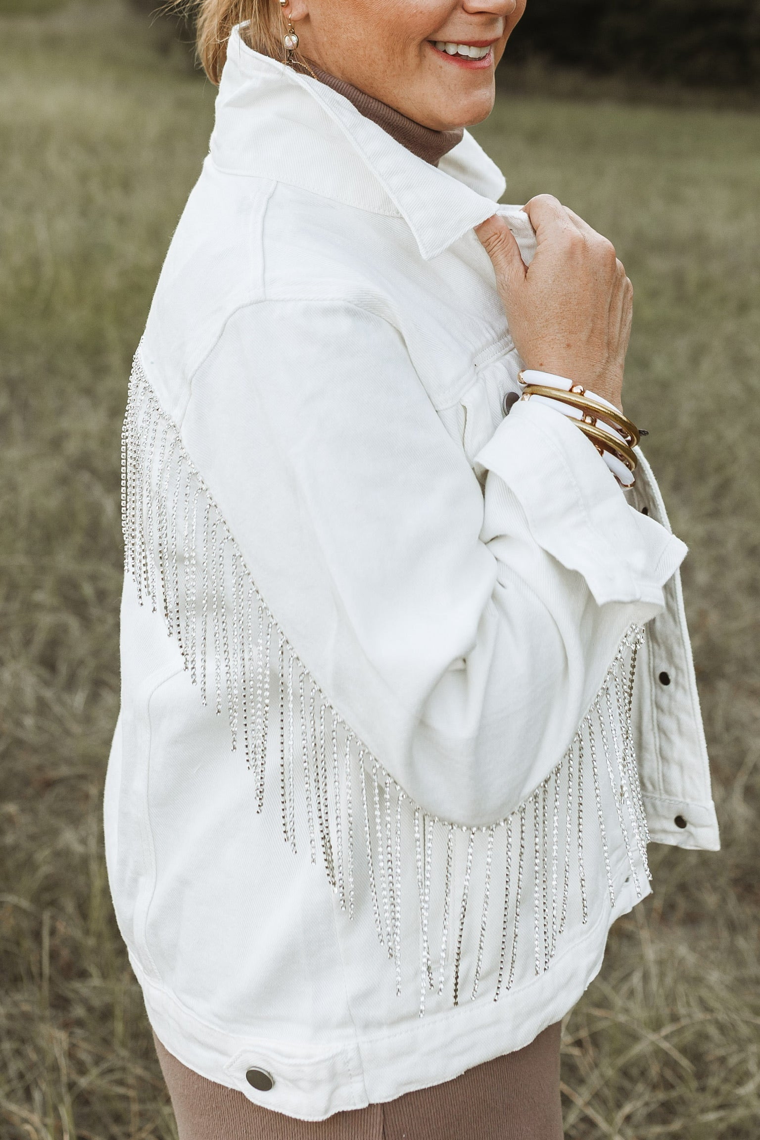 Rhinestone Cowgirl Crystal Fringe Denim Jacket in White - Giddy Up Glamour Boutique