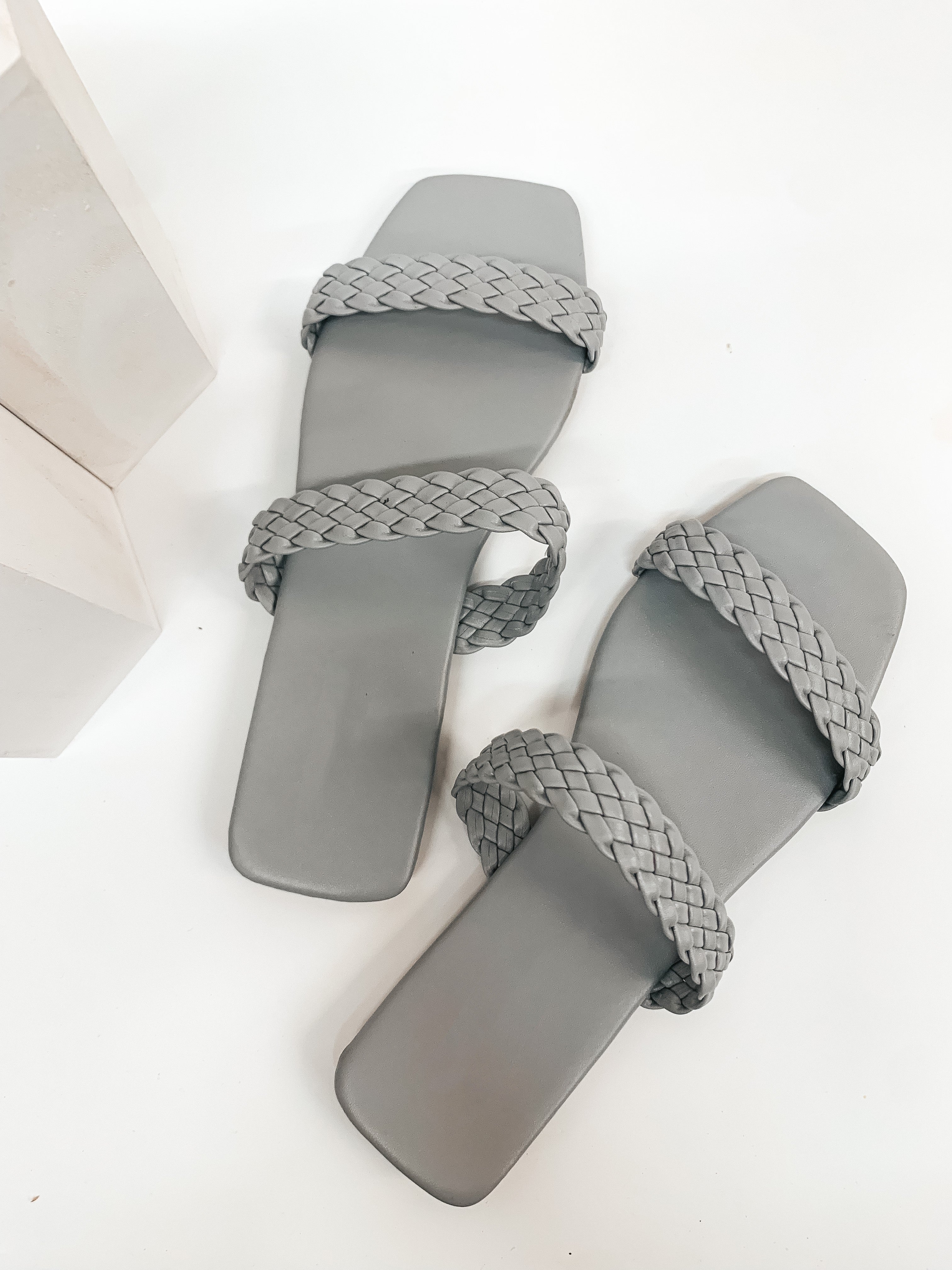 Uptown Stroll Braided Two Strap Slide On Sandals in Grey - Giddy Up Glamour Boutique