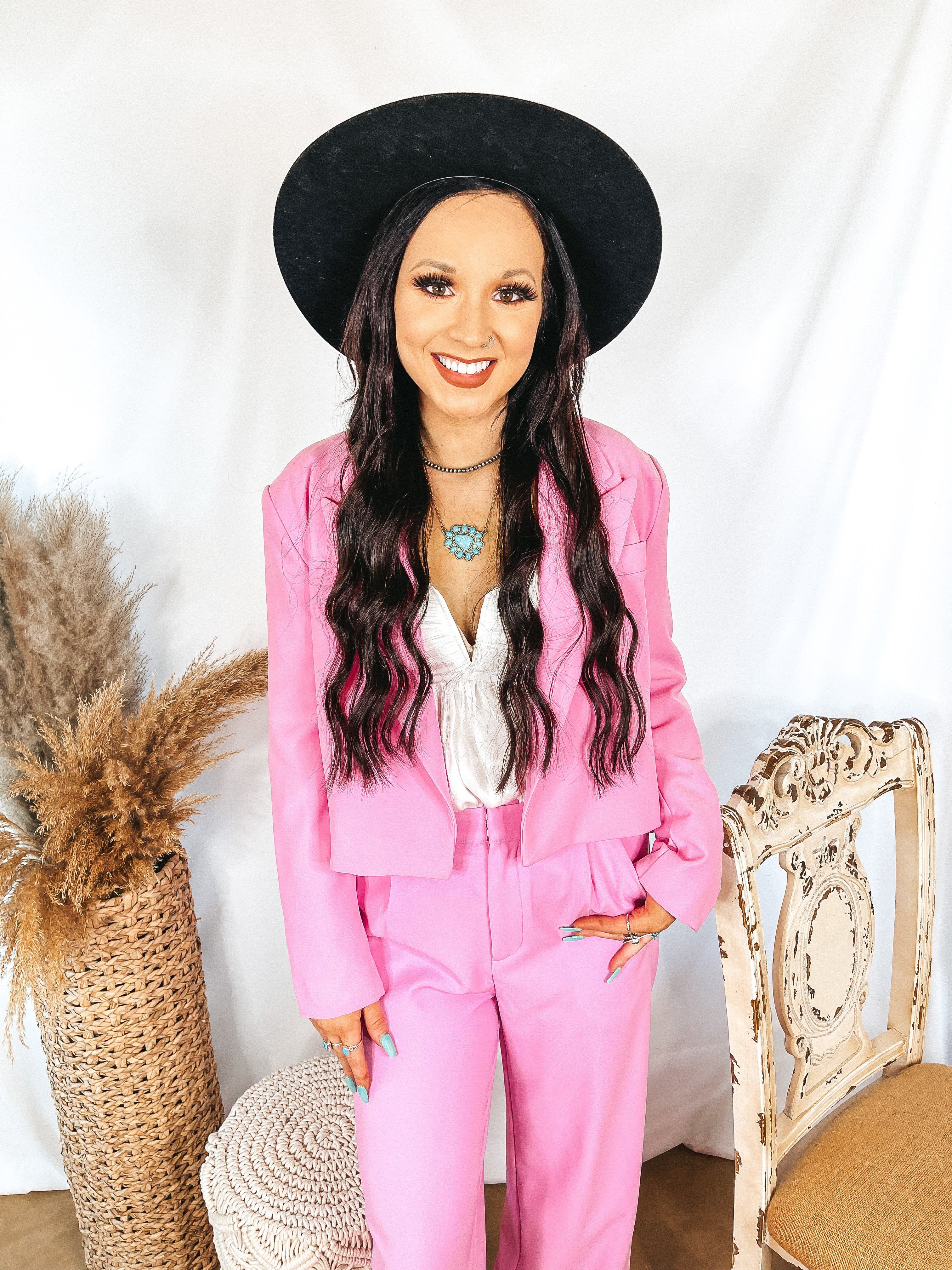 Certified Chic Cropped Blazer with Pockets in Pink - Giddy Up Glamour Boutique
