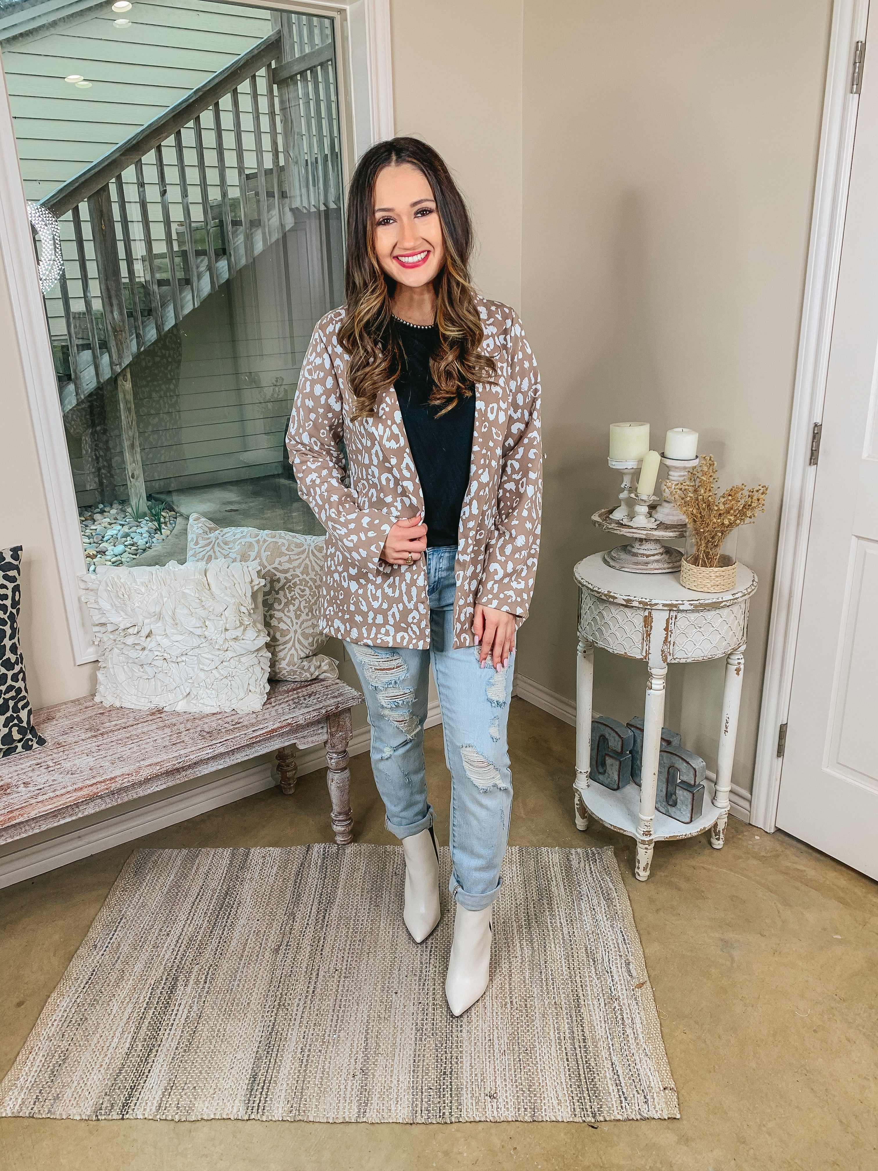 Out Of Office Leopard Print Open Front Blazer with Long Sleeves in Taupe - Giddy Up Glamour Boutique