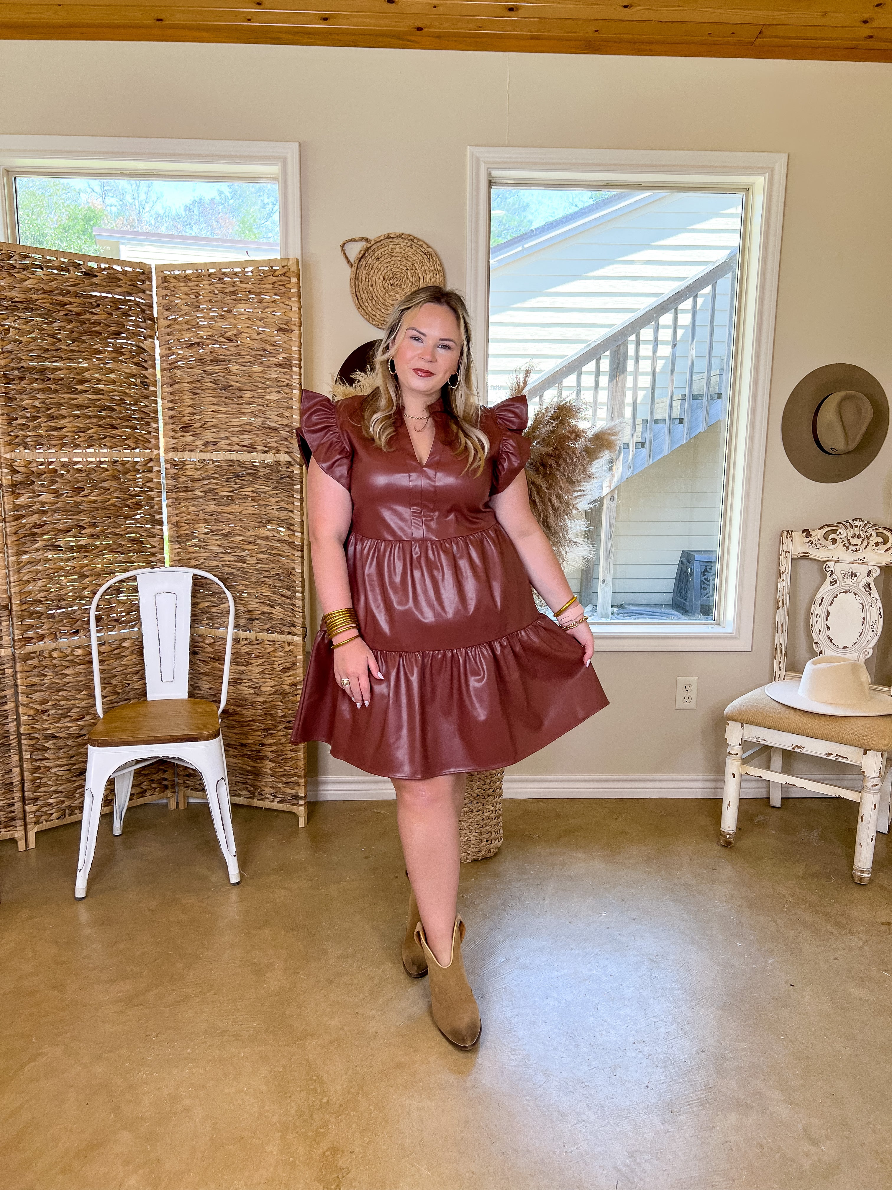 Magnolia Morning Ruffle Cap Sleeve Faux Leather Short Dress in Brown - Giddy Up Glamour Boutique