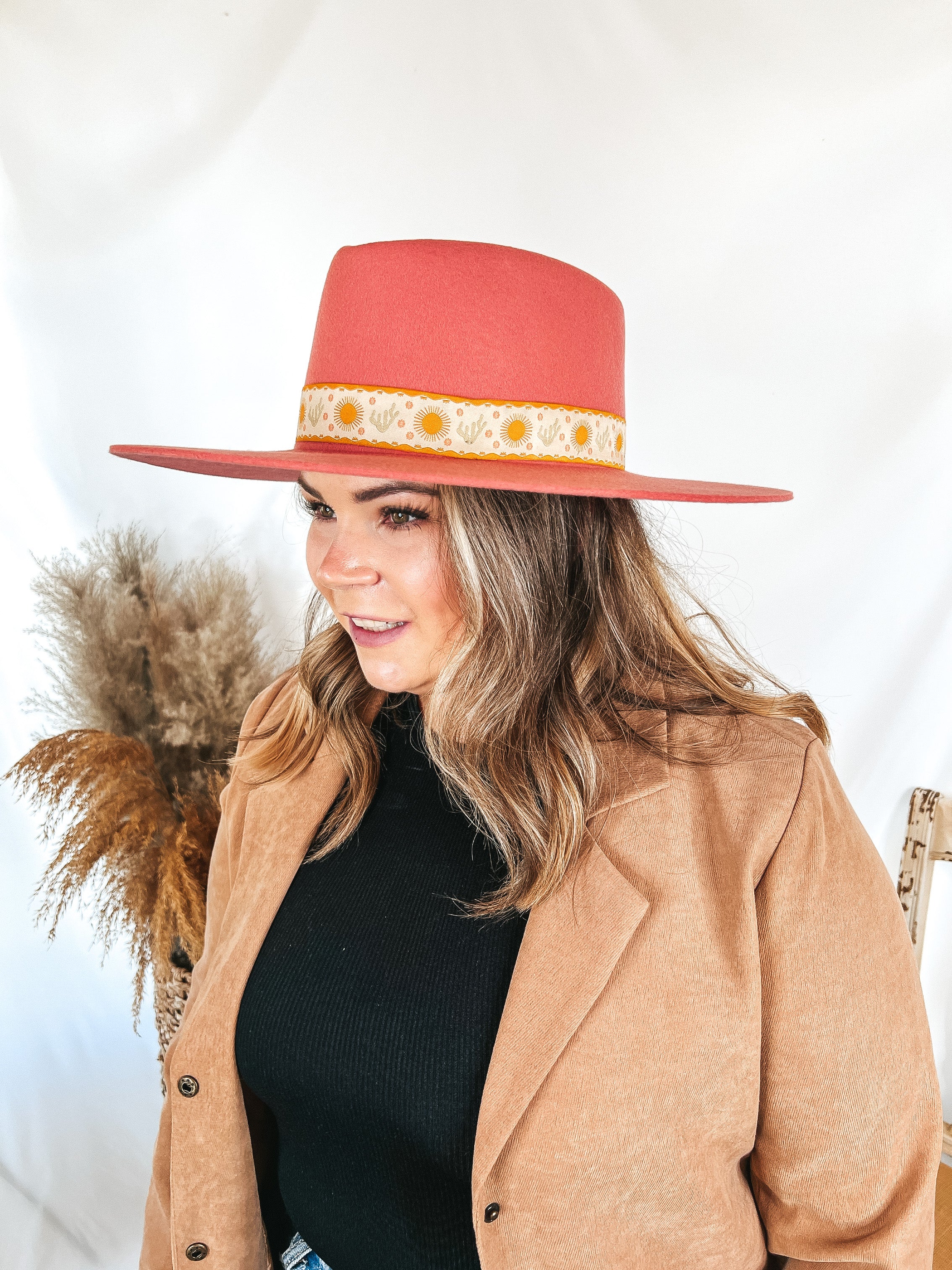 GiGi Pip | Dae Triangle Crown Wool Felt Hat with Cactus and Sun Band in Pink - Giddy Up Glamour Boutique