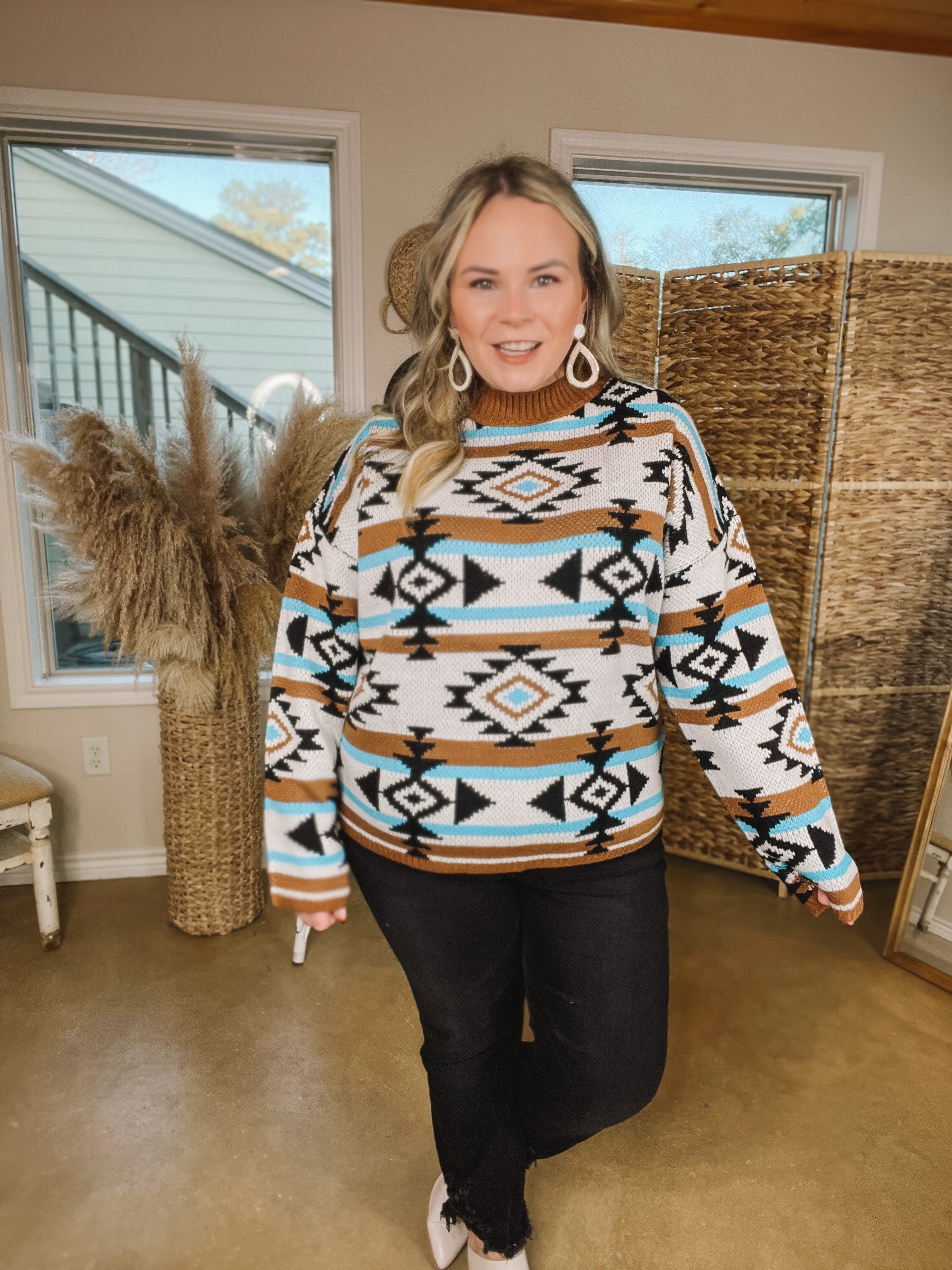 Cheyenne Chill Aztec Print Striped Sweater in Turquoise and Brown - Giddy Up Glamour Boutique