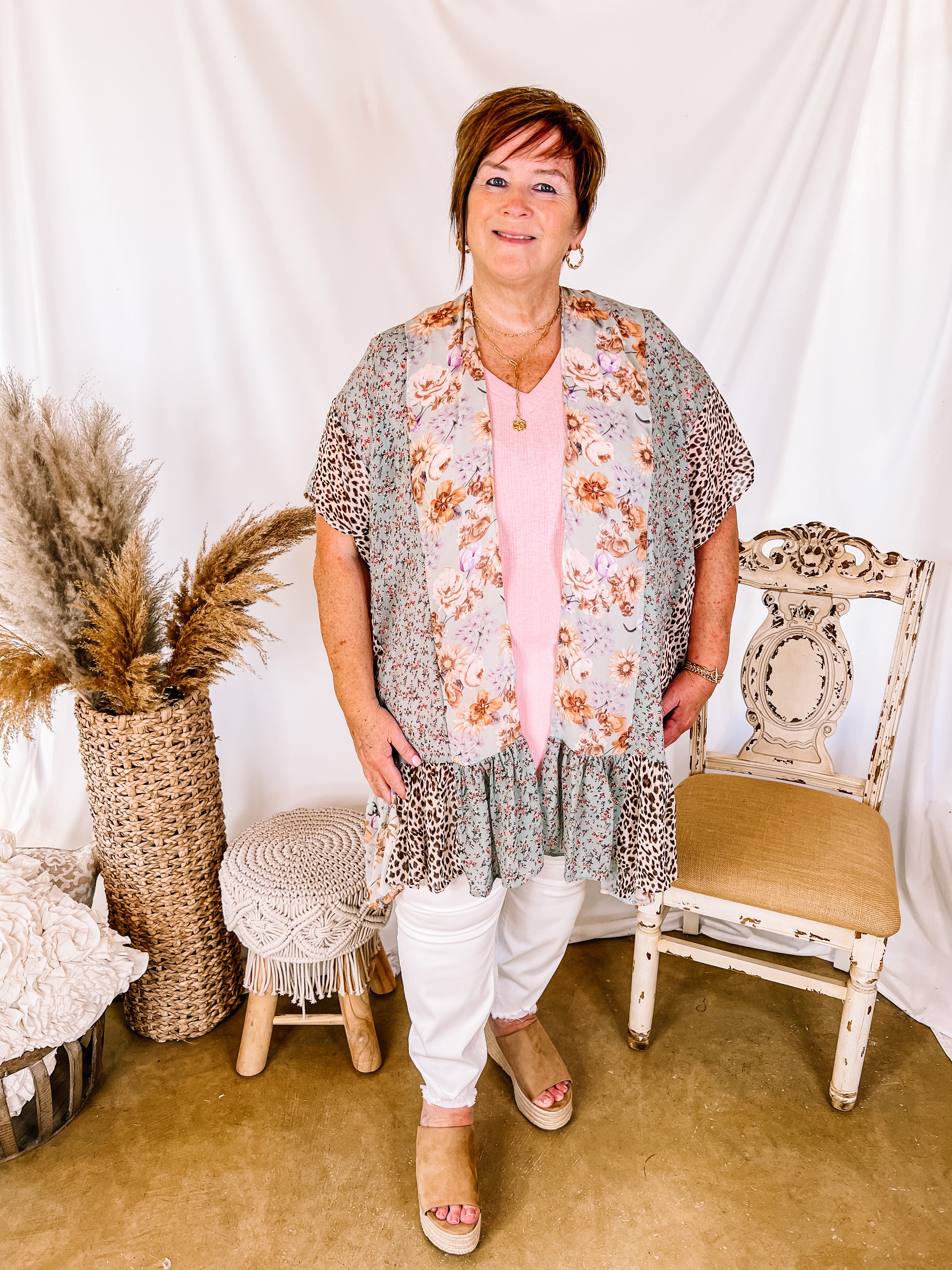 Saturday Stroll Mixed Animal and Floral Print Kimono with Ruffle Hem in Dusty Mint - Giddy Up Glamour Boutique