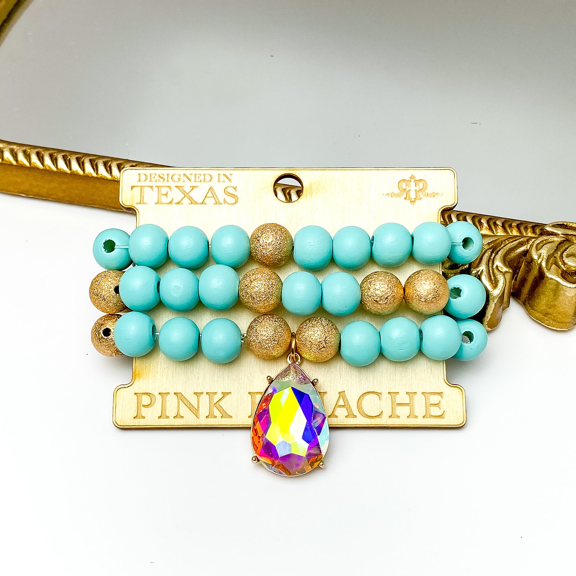 Pink Panache | Turquoise and Gold Tone Beaded Bracelet Set with Large AB Crystal Teardrop - Giddy Up Glamour Boutique