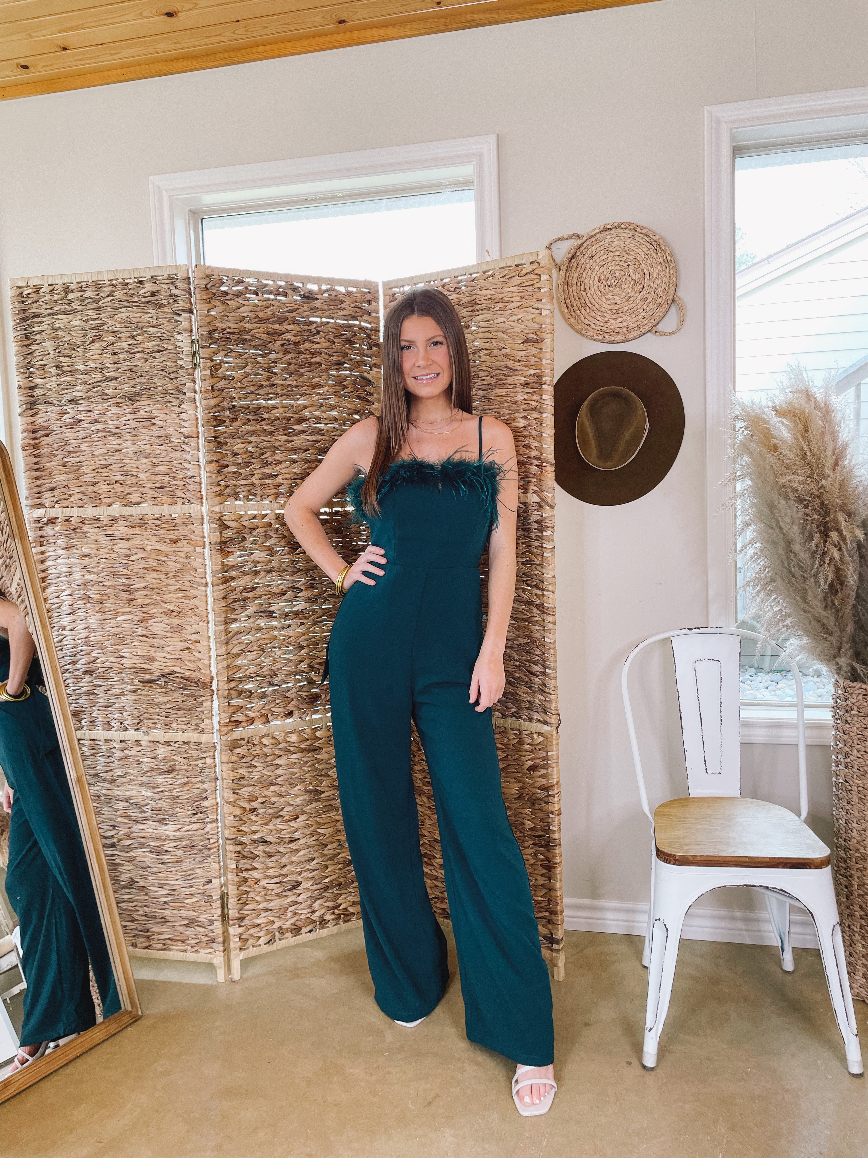 Cue The Lights Feather Jumpsuit with Waist Tie in Emerald Green - Giddy Up Glamour Boutique