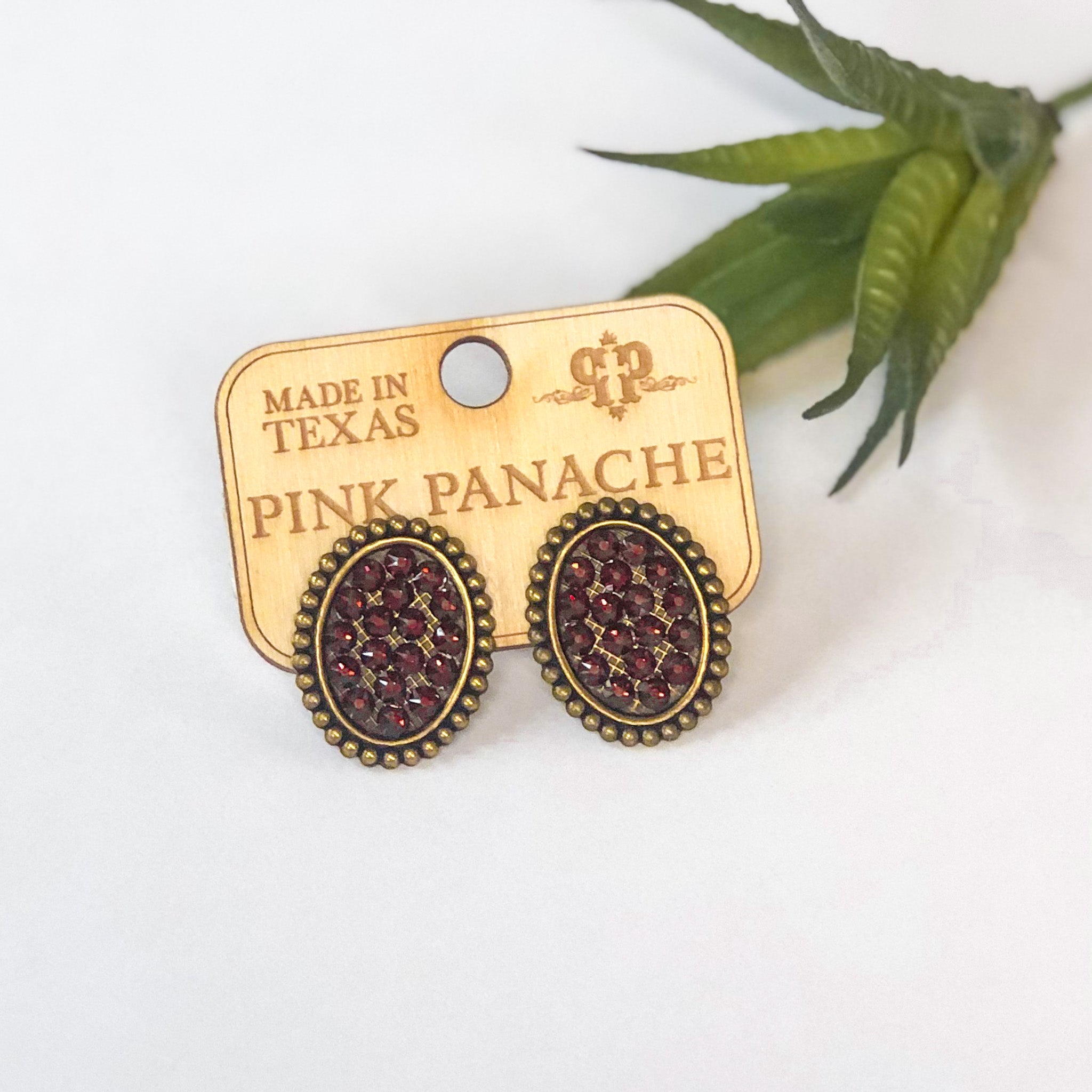 Pink Panache Mini Bronze Oval Stud Earrings with Maroon Crystals - Giddy Up Glamour Boutique
