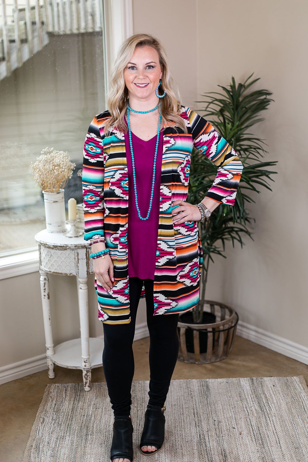 All Eyes On You Aztec Print Cardigan in Magenta and Gold pink and yellow and turquoise cardigan