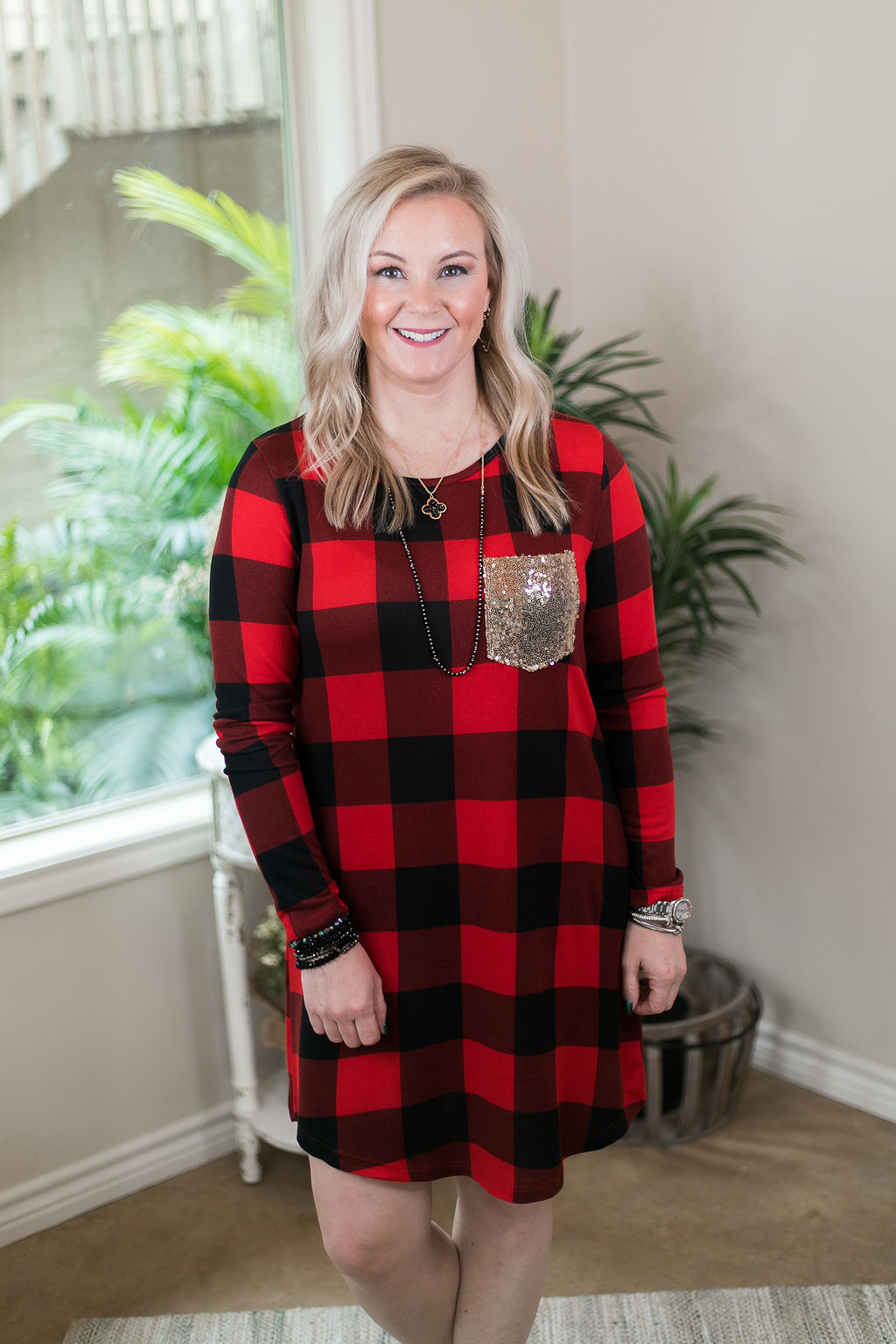Last Chance Size Small & Medium | Making Spirits Bright Buffalo Plaid Print Dress with Sequin Pocket in Red - Giddy Up Glamour Boutique